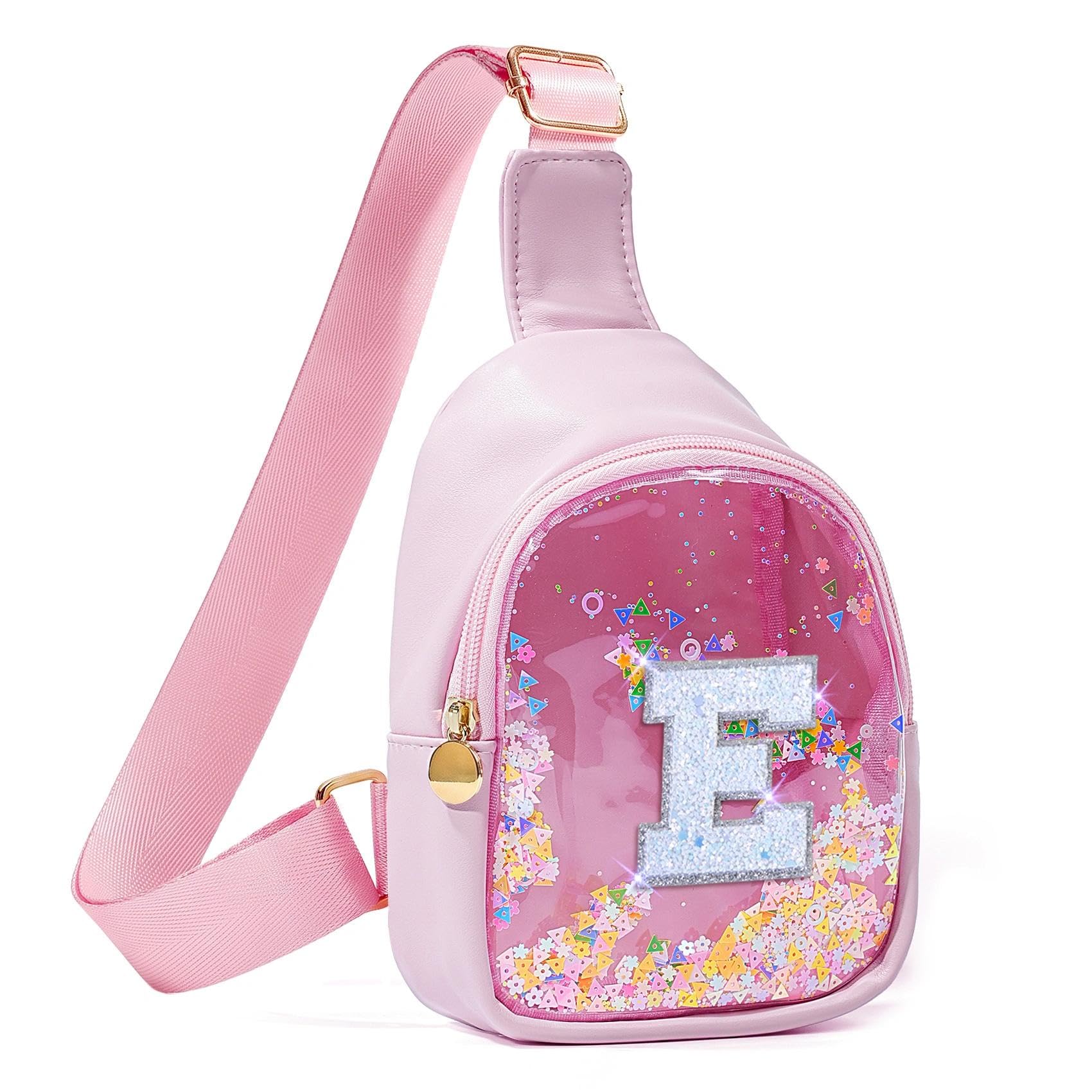 COSHAYSOO Pink Toddler Little Girls Purse 2 3 4 5 6 7 Year Old Kids Sling Bag Initial Crossbody Crossover Clear Chest Pouch, Birthday Party Favor Gifts for Child Sister Letter E