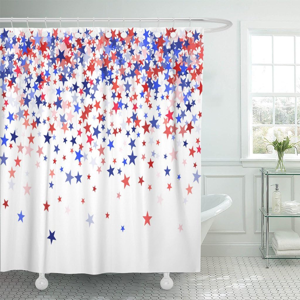 VaryHome Shower Curtain Colors of Usa Flag Blue and Red Stars Falling Down on White American Patriot Day Independence President Waterproof Polyester Fabric 72 x 72 inches Set with Hooks