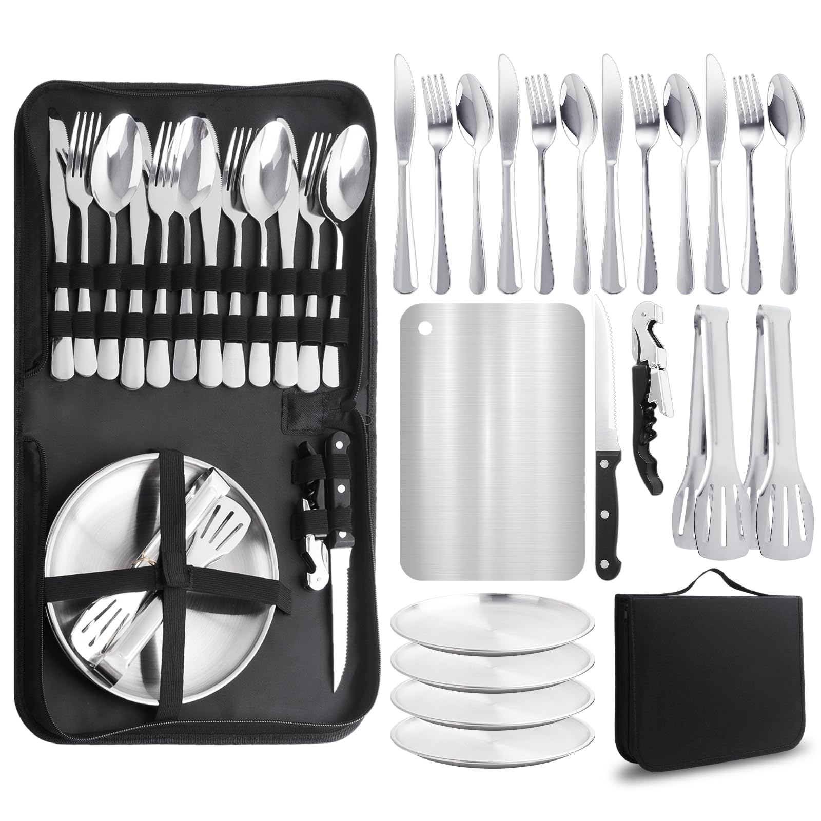 Set di stoviglie da campeggio per 4 persone, 22 posate da campeggio portatili, posate da campeggio con cucchiaio, forchetta, coltello, clip piatto in acciaio inox 304, portaposate per picnic, viaggi