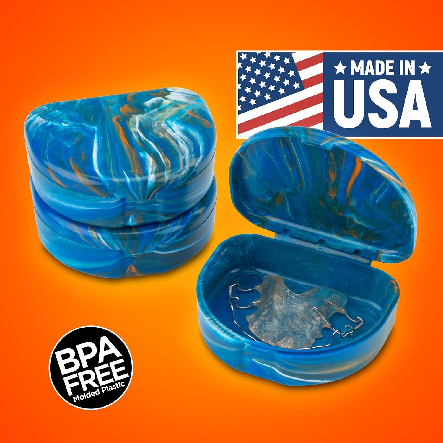 Practicon Marble Retainer Cases, Orthodontic Aligner Case, Mouth Guard Holder (3 Pack) (Blue Orange)