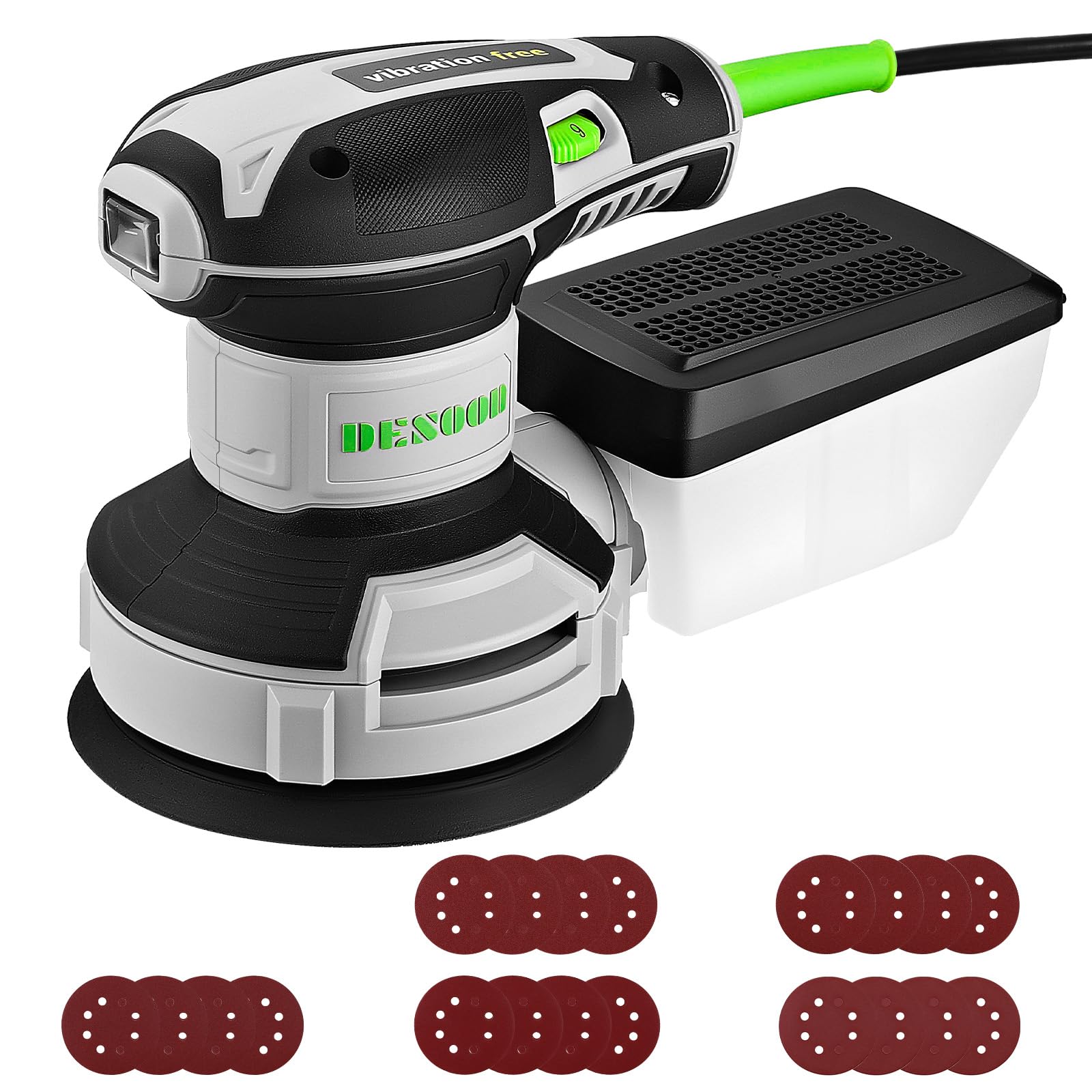 DESOON Random Orbit Sander 300W with 20Pcs Sandpapers, 6 Variable Speed 14000RPM, 125mm Sander with Brake System and Dust Extraction for Sanding, Polishing Wood, DIY, Home