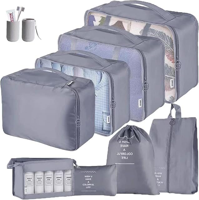 ZDKGER Packing Cubes for Suitcase,9 PCS Travel Luggage Packing Organizers Waterproof Travel Essentials Bag(Grey)