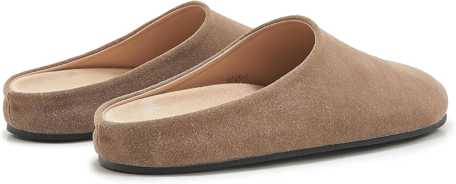 Women's Suede Clogs Round Toe Print Leather Mules Cork Footbed Clog with Arch Support Comfort Casual Slip-on Fall Shoes