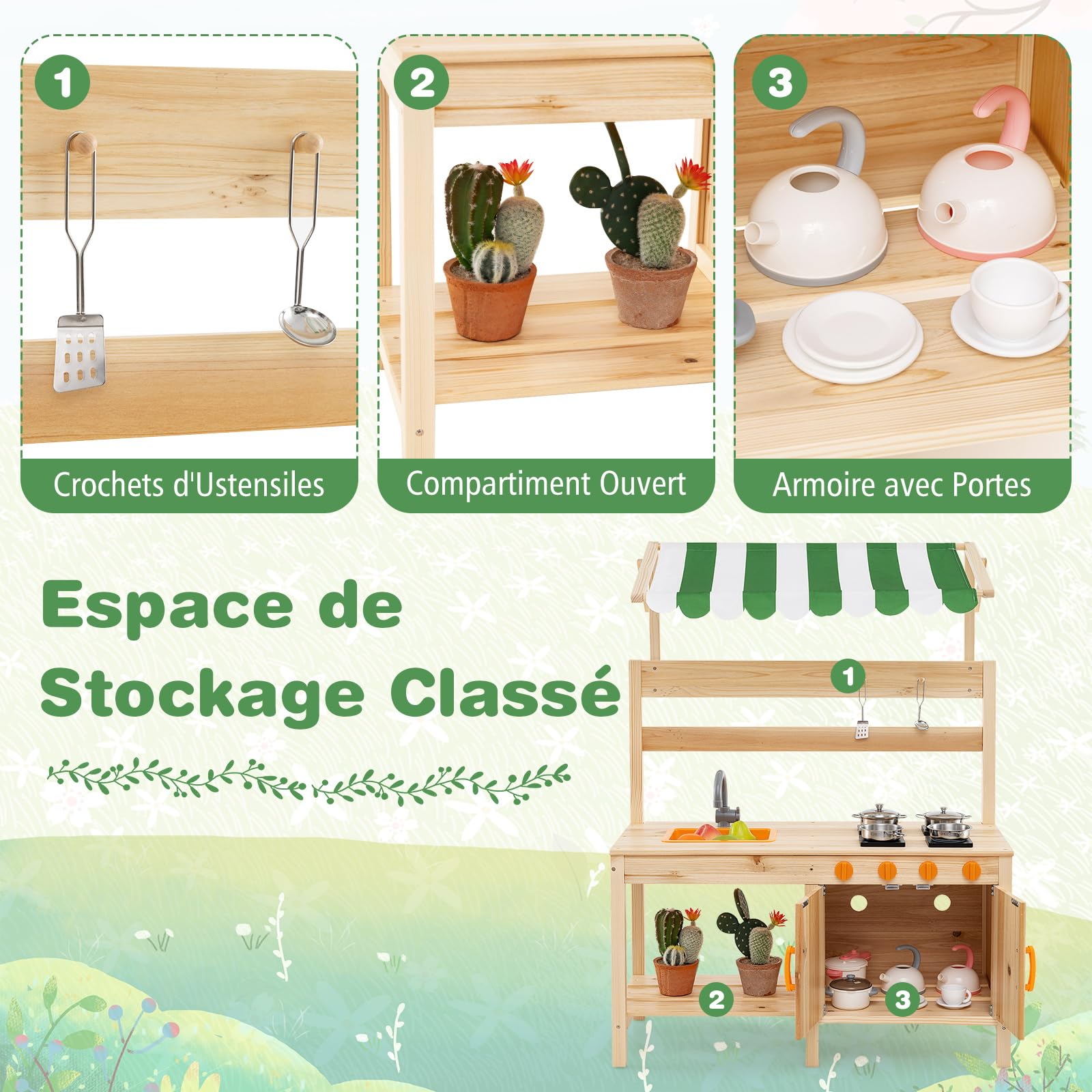 COSTWAY Cuisine Enfants 3 Ans+, 8 Accessoires avec Tableau Noir & Jardinière en Bois de Sapin, Robinet Rotatif & Evier Amovible - Jeux - Jouets