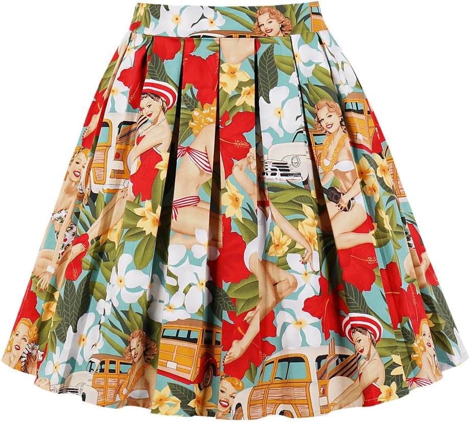 JOAUR Pleated Circle Skirts For Women Print Skirts With Pockets