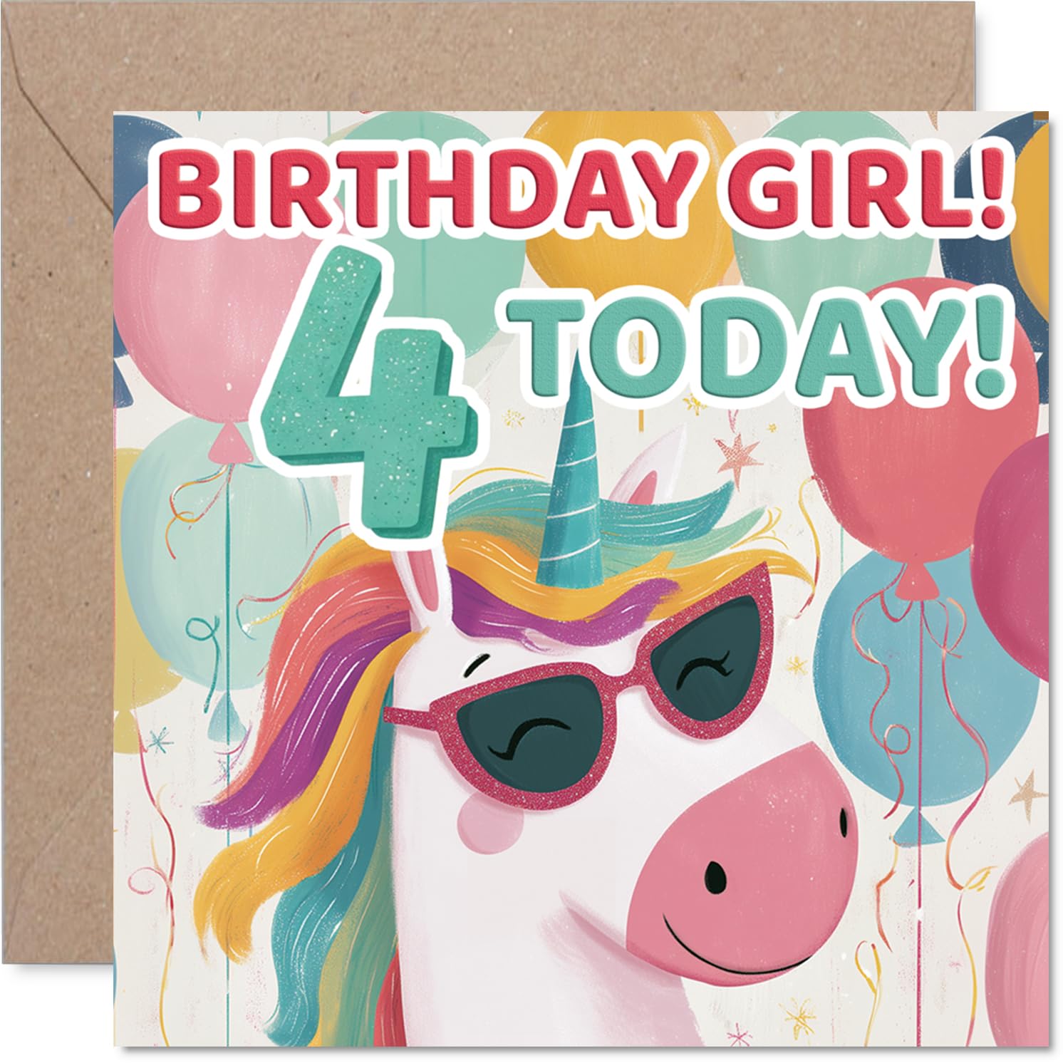 Playful 4th Birthday Card - Unicorn with Sunglasses Brings Birthday Sparkle - Colourful Balloons and Bold '4 Today' Design - 145mm Square, Envelope Included
