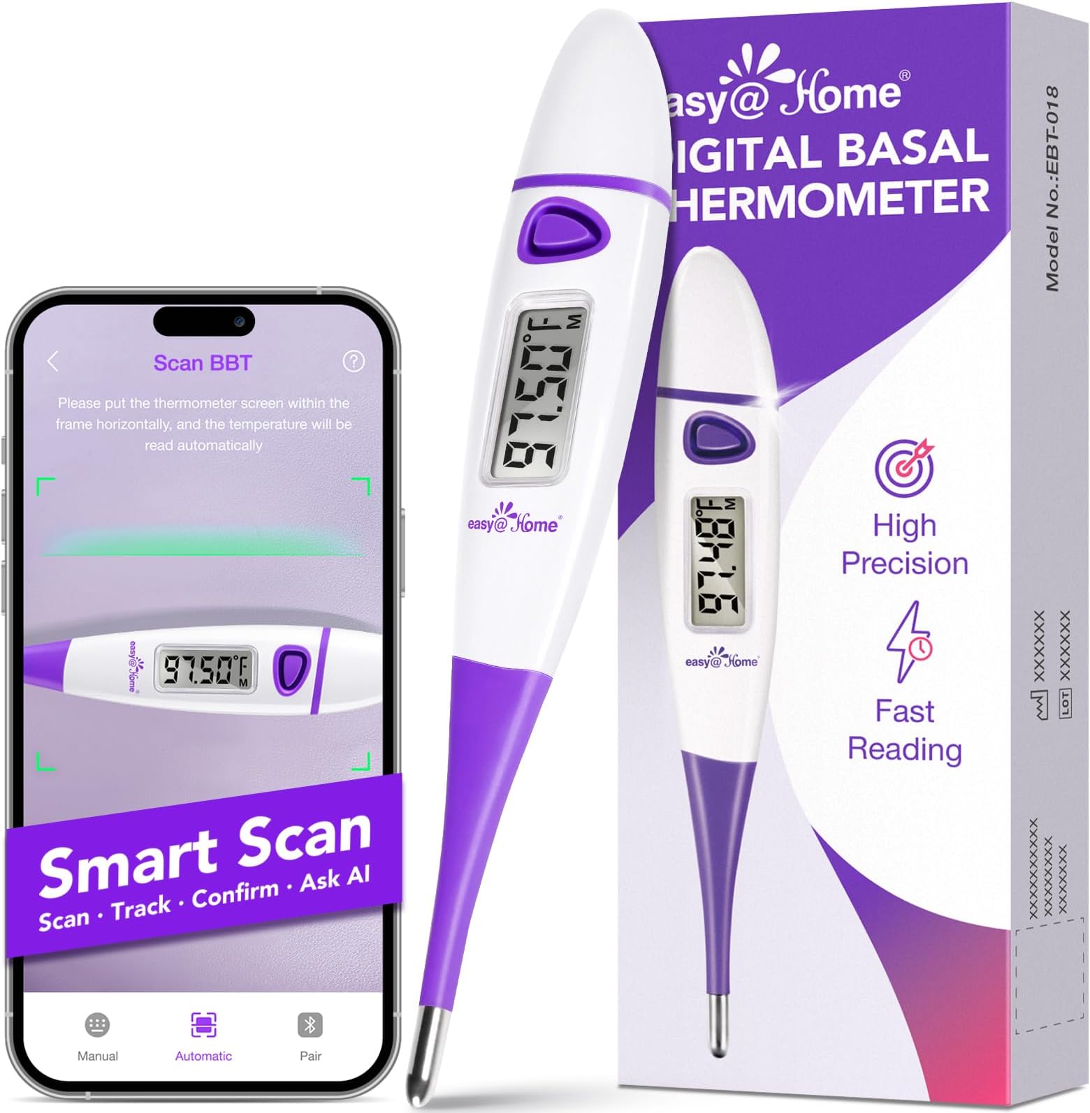 Easy@Home Basal Body Thermometer: BBT for Fertility Prediction with Memory Recall- Accurate Digital Basal Thermometer for Temperature Monitoring with Premom App - EBT-018