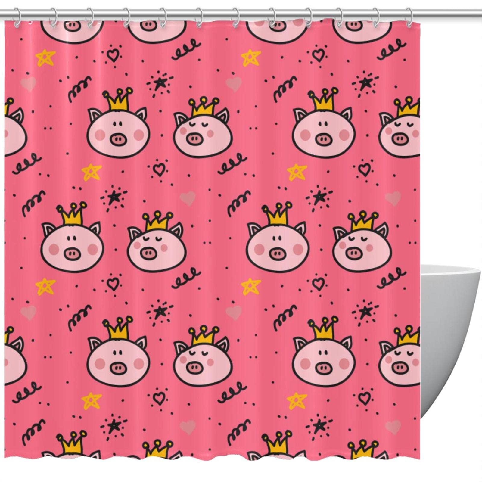 Rideau de douche cochon couronne 150x180 cm avec 12 crochets