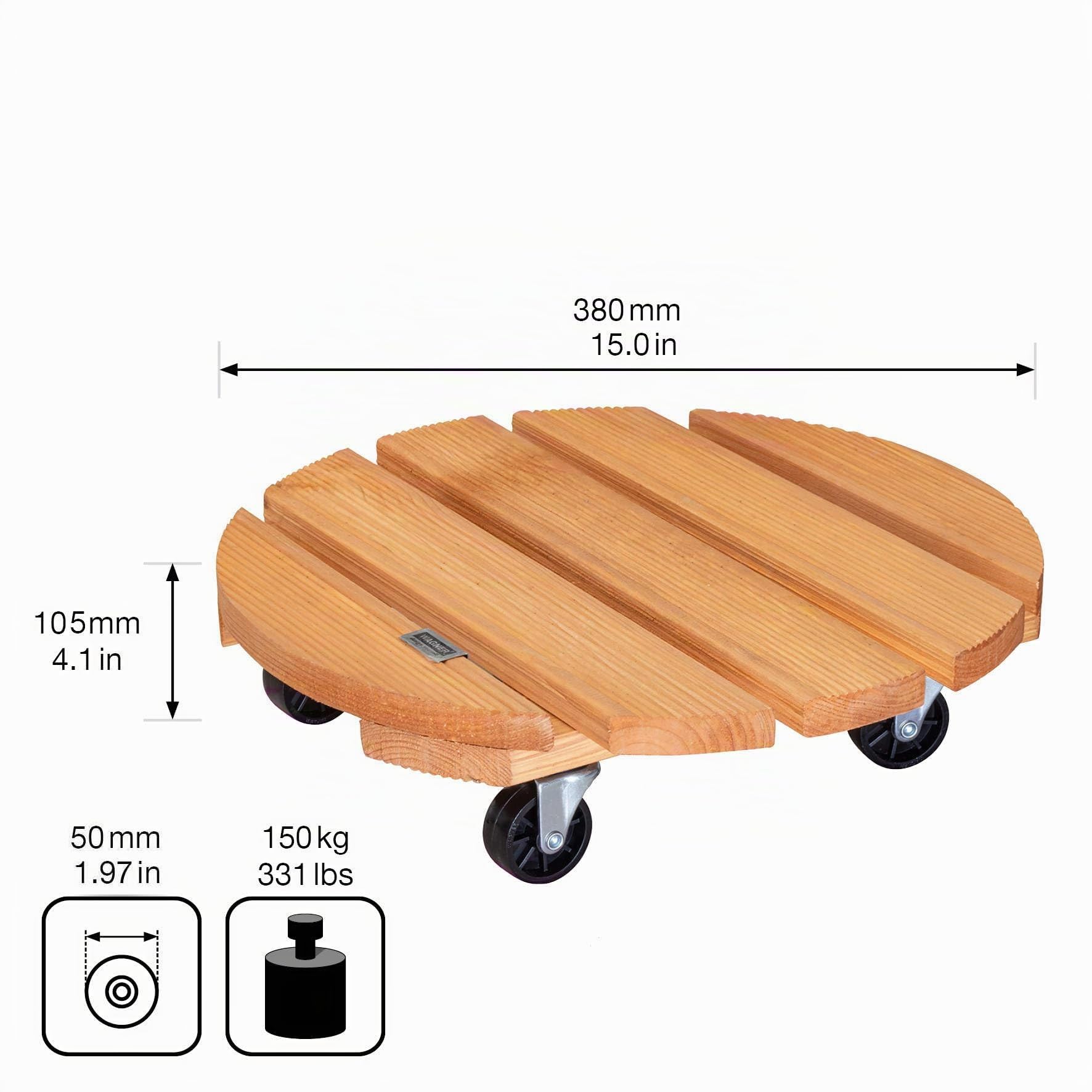 WAGNER Support à roulettes pour Pot de Fleur Toscana Ø 38 x 10,5 cm I intérieur + extérieur I Roule Pot en Bois Massif certifié FSC®, Terracota I Capacité de Charge 150 kg I Made in EU - 20016301