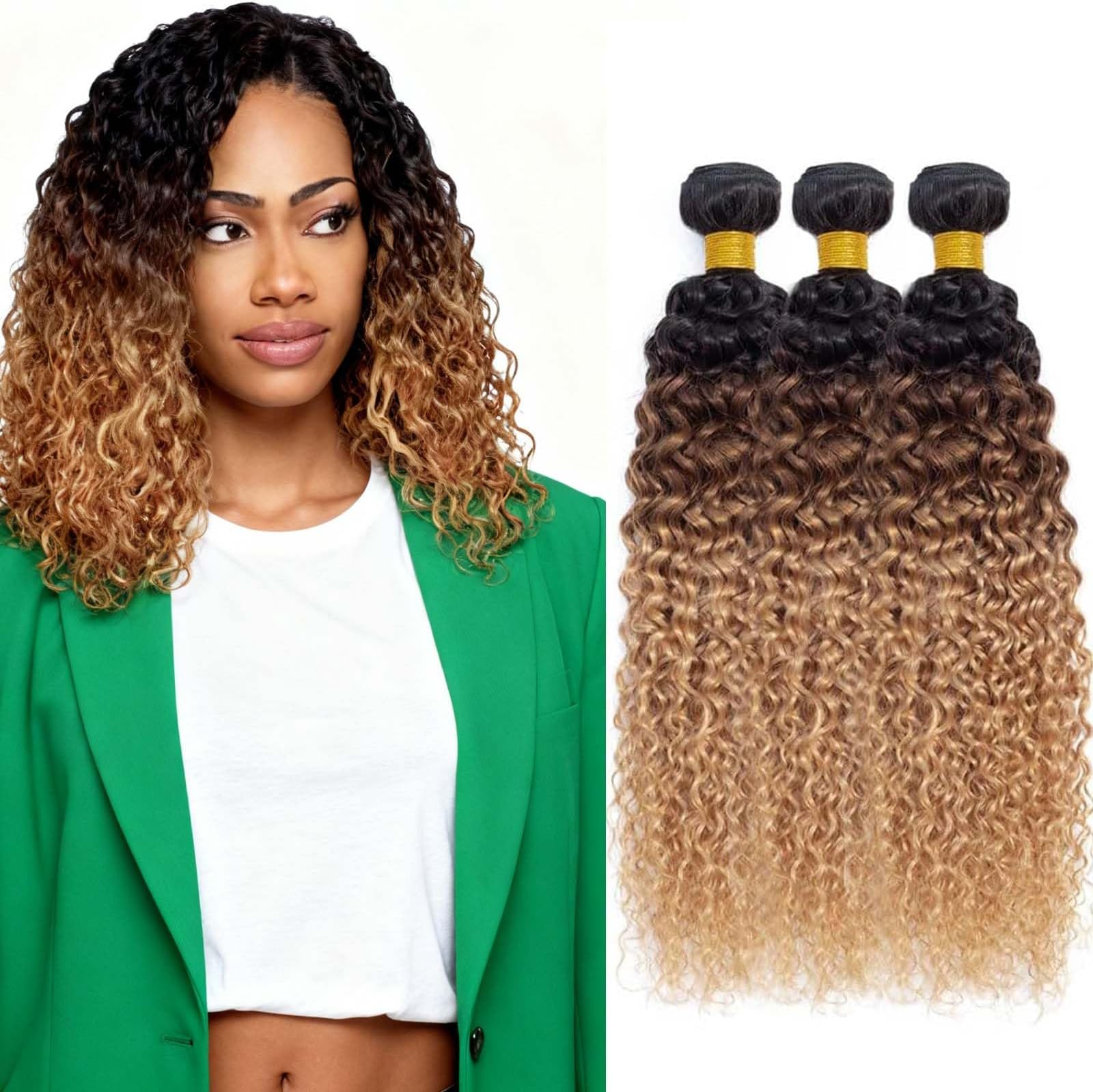 Human Hair Bundles 3 Tone Brown and Honey Blonde Color T1B/4/27 Jerry Curly 300g Brazilian Unprocessed Virgin Human Hair Quick Weave Extensions (10 12 14 Inch T1B/4/27 Jerry Curly)