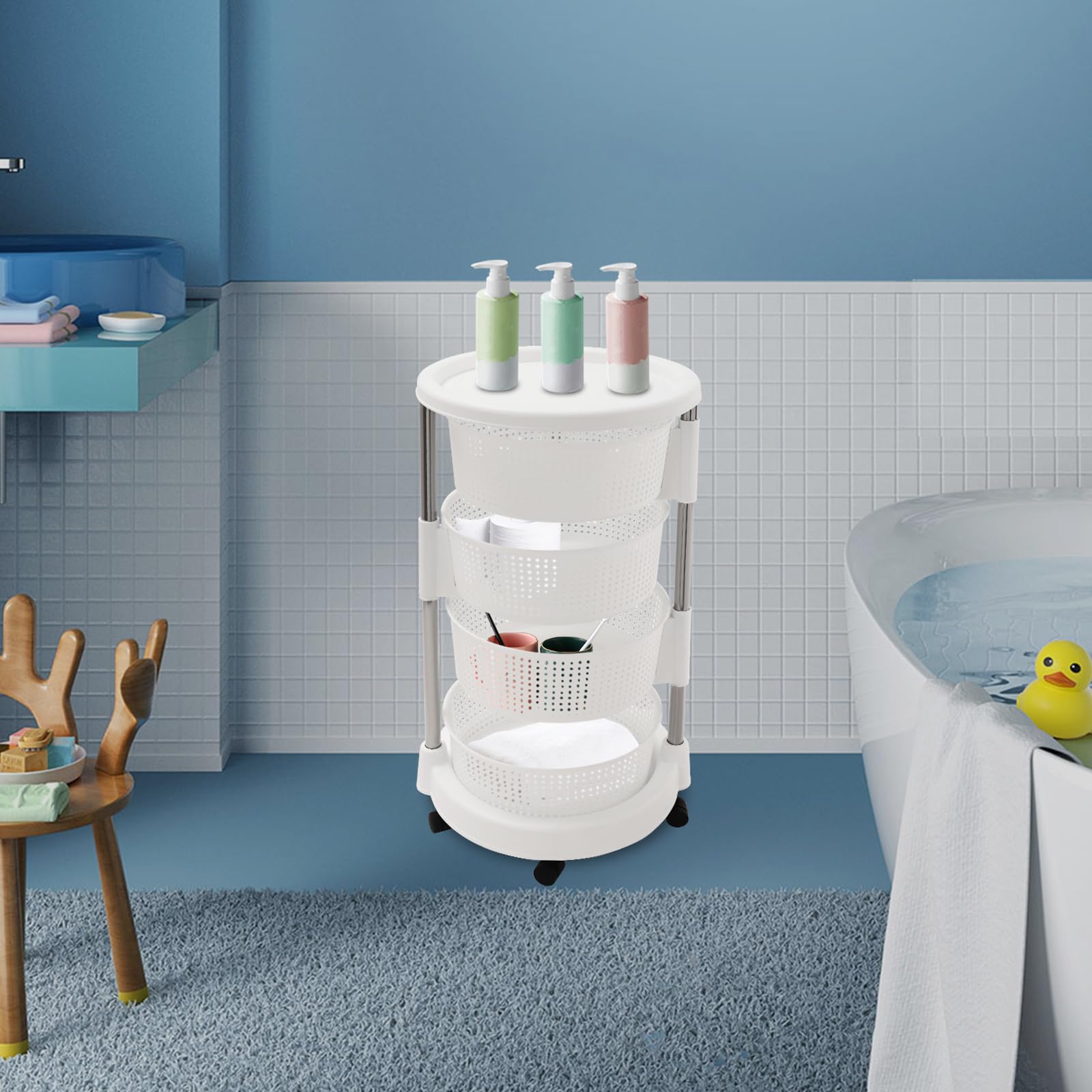 Carrello da cucina mobile a 4 livelli, cestino girevole a 360°, 5 ruote per mobilità, per cucina e campeggio, con cesti a rete incassati