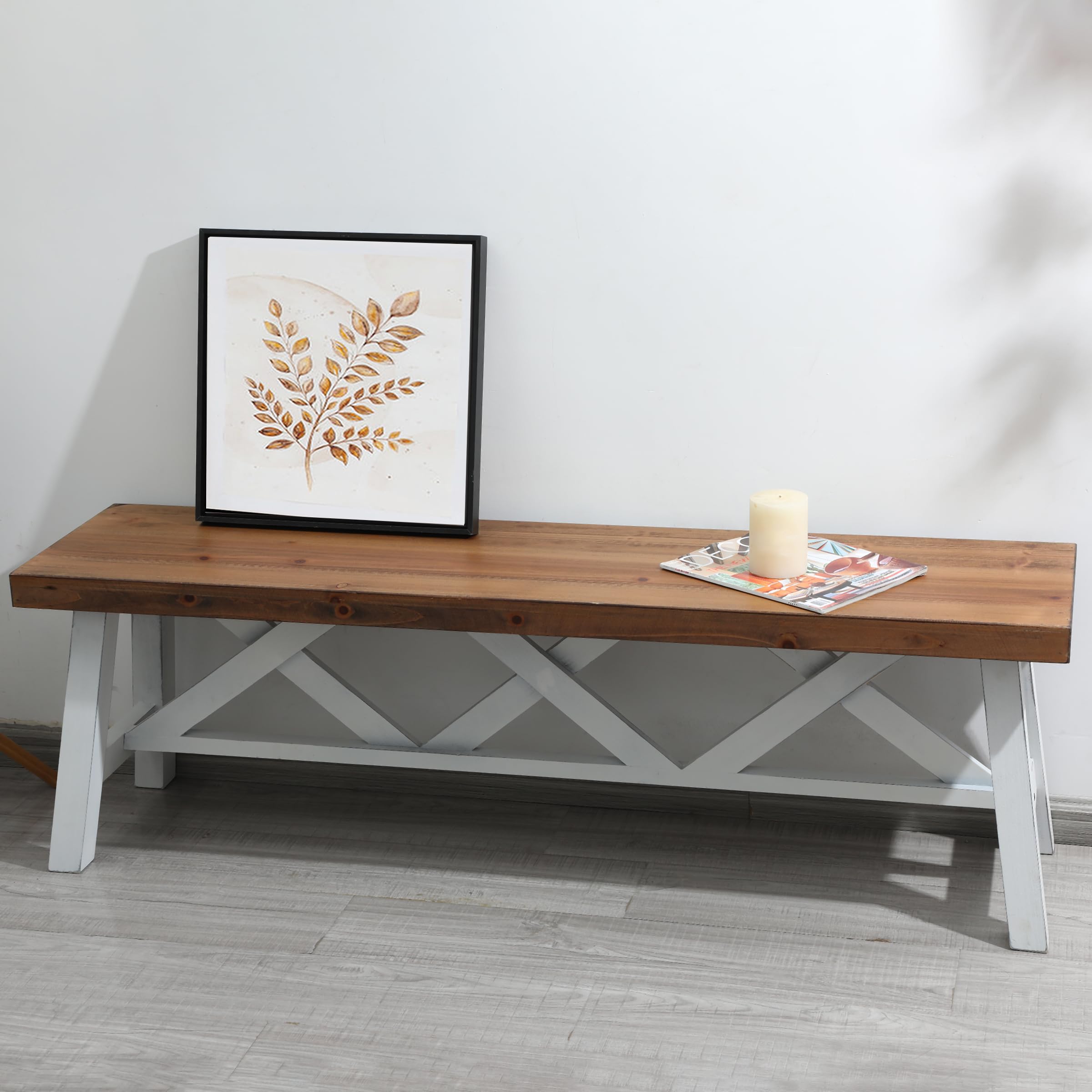 Wnutrees 54" Farmhouse Wood Bench, Rustic Solid Wood Entryway Bench Seat with Double X-Structure for Dining Room, Living Room, Hallway, Structural Stability, White
