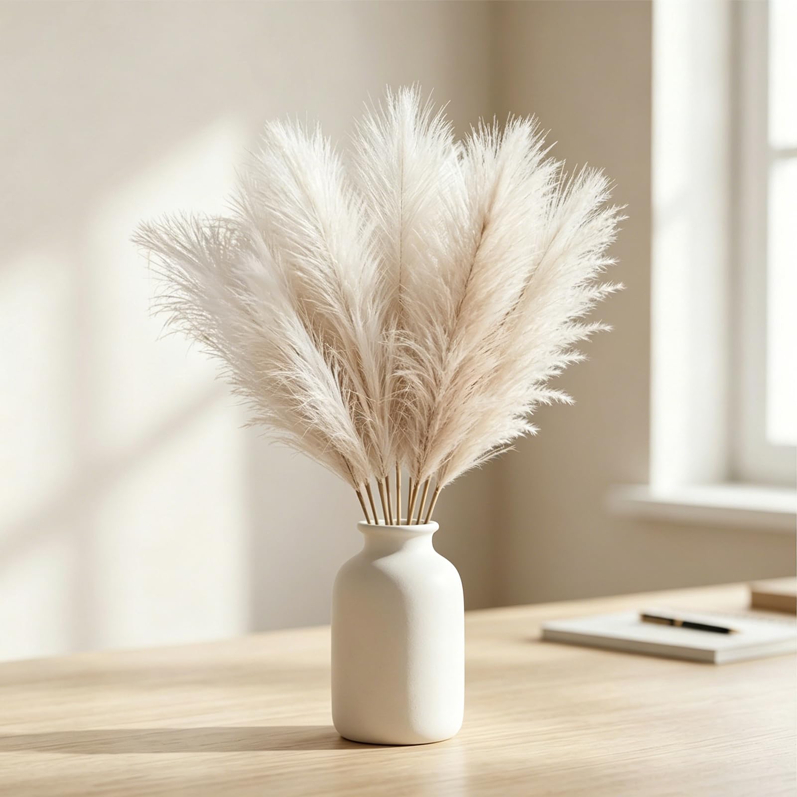 Pampas Grass, Artificial Plants for Decoration, 10PCS White Faux Pampas Grass for Vase Filler, Home and Office Decoration, Bohemian Style Decor (White)-image-27