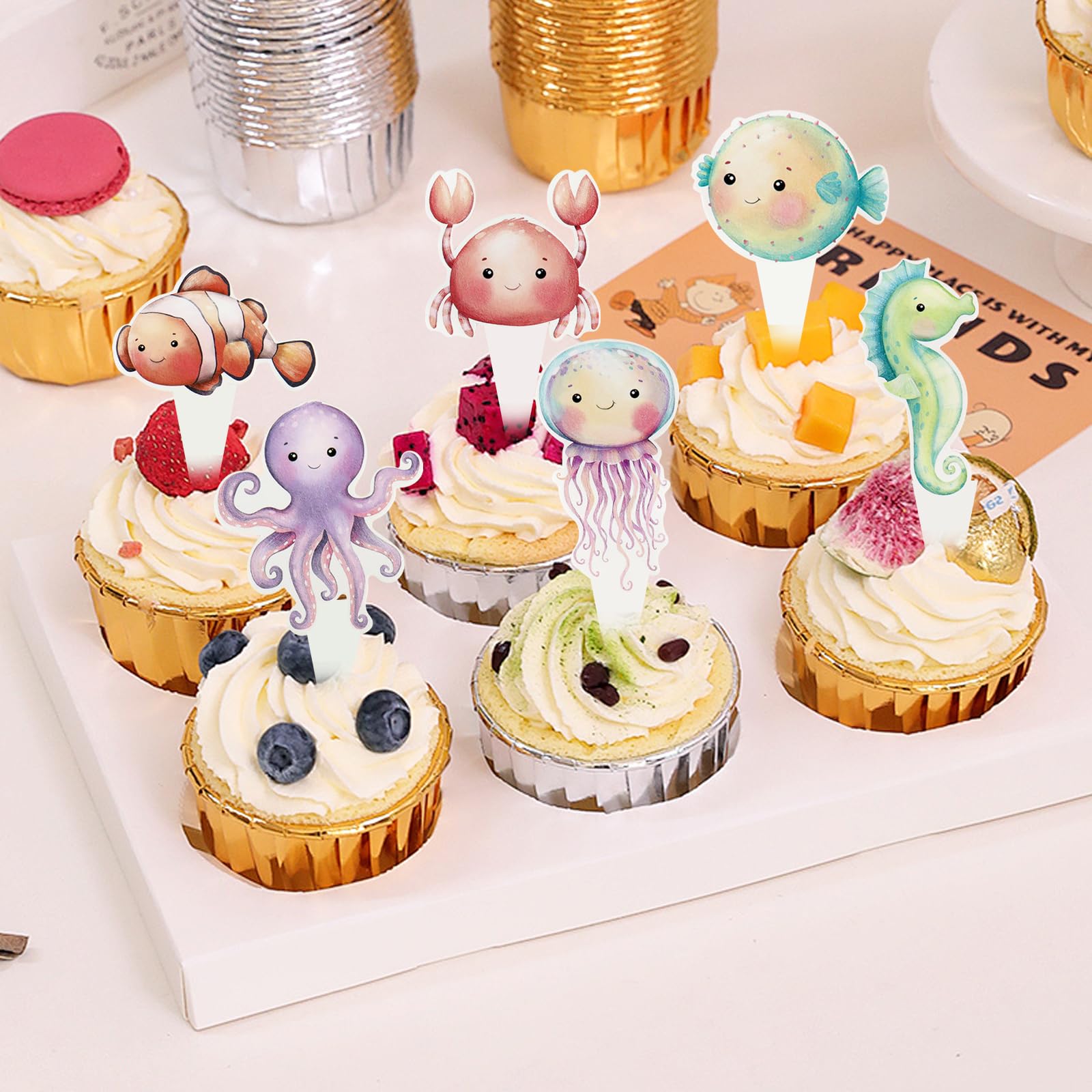 32 Stück Meerestiere Kuchen-Deko – Clownfisch, Oktopus, Seepferdchen, Krabbe (doppelseitig Bedruckt)