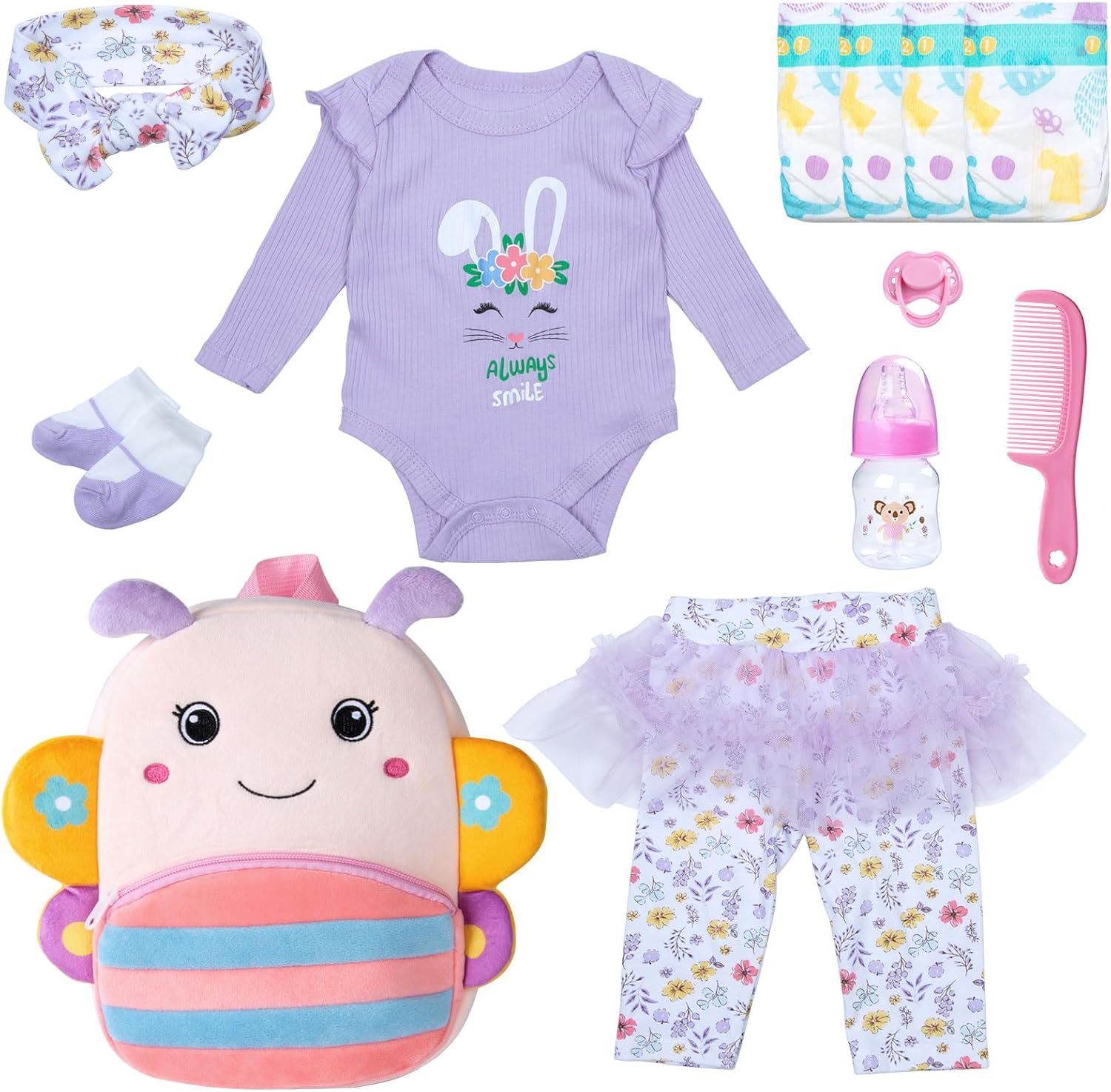 17-22 Inch Reborn Baby Doll Clothes with Cute Backpack Reusable Diapers Doll Accessories Set Newborn Girl Dolls Outfits Silicone Doll Clothing 12 Pieces
