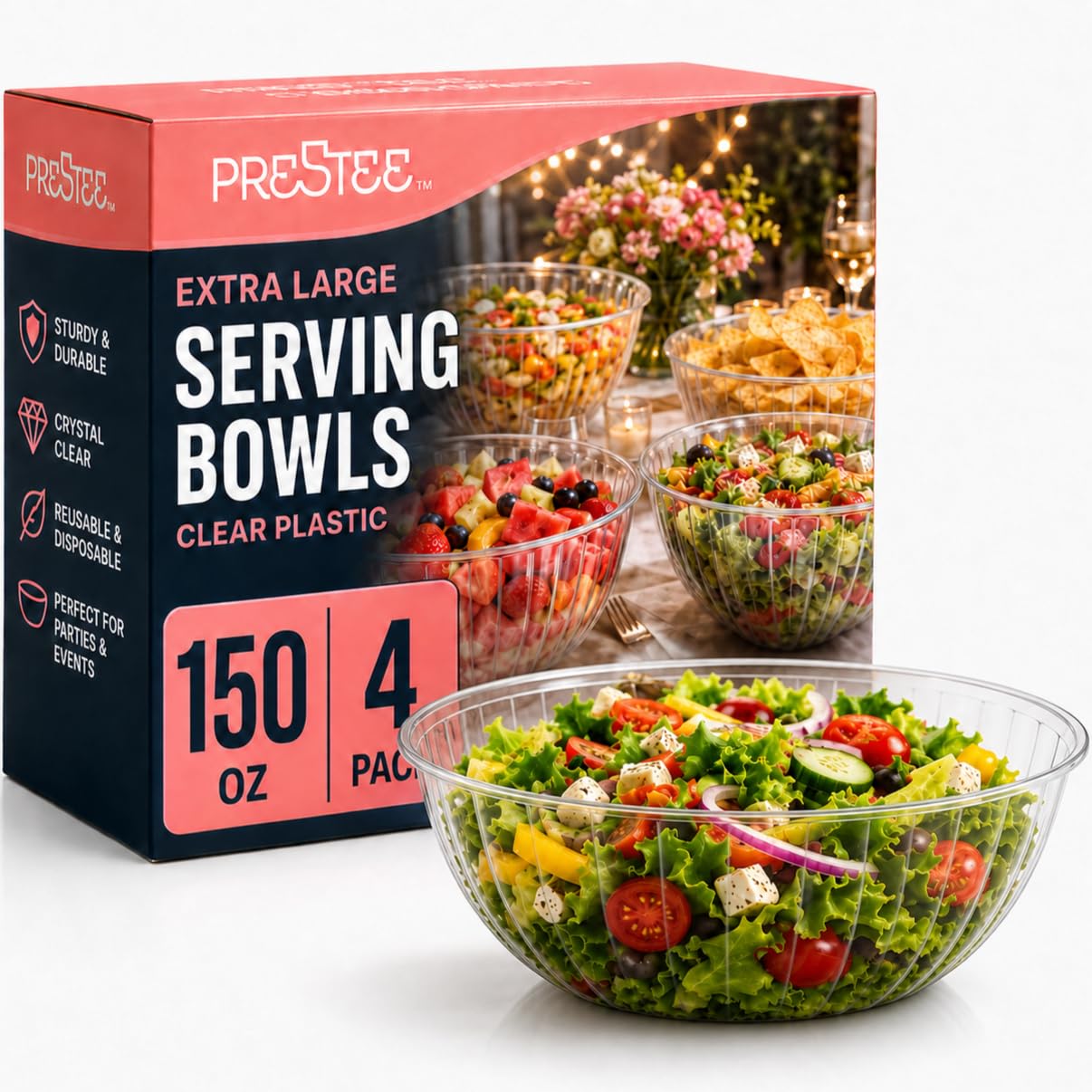 Transparente Kunststoff-Servierschalen für Partys, 150 oz. Runde Einweg-Servierschalen Pommesschalen Party-Snackschalen Süßigkeitenteller Salat-Servierbehälter große Süßigkeitenschalen, 4 Stück
