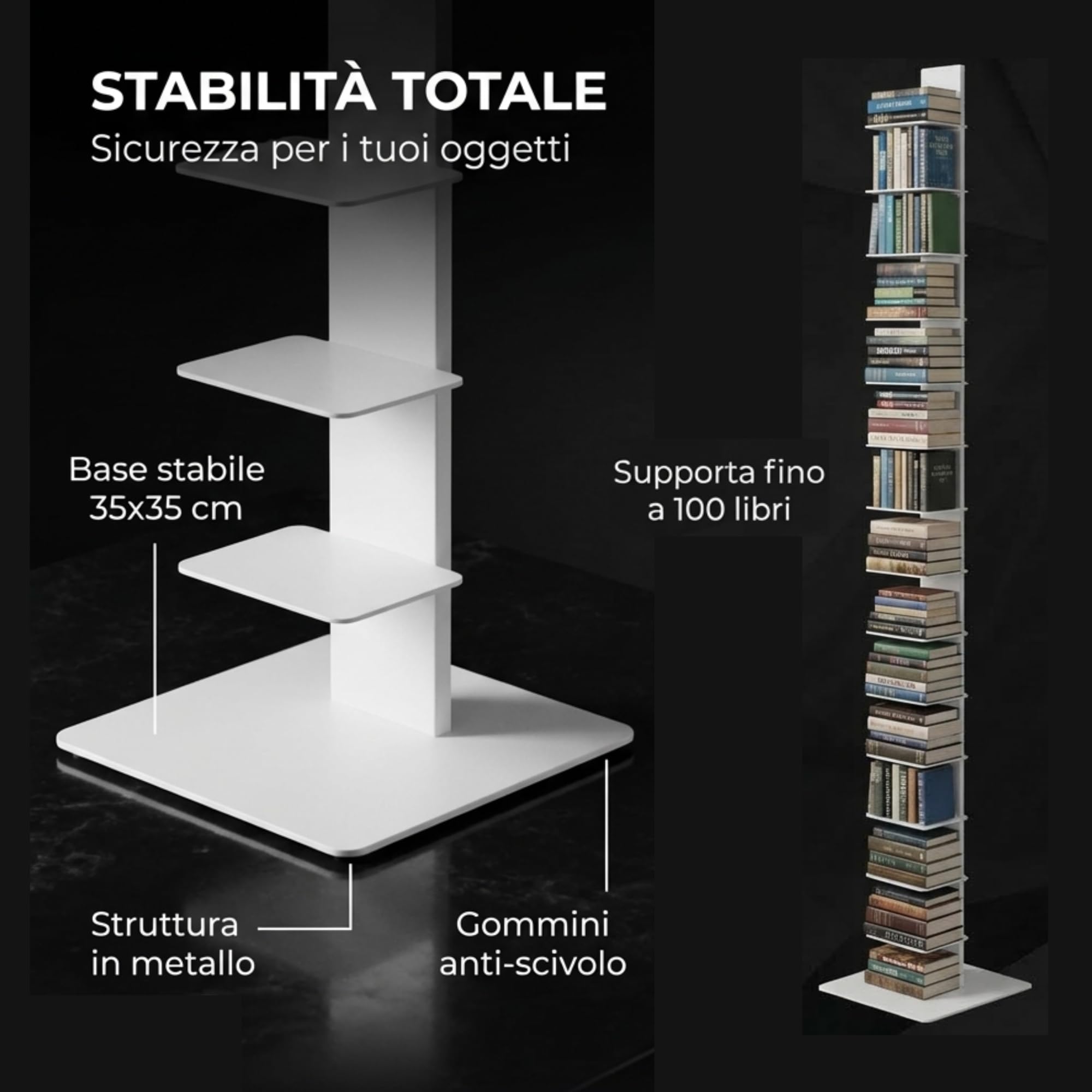 Flo.mar - Libreria a Colonna Bianca con 14 Ripiani 20x15cm - Libreria Verticale a Colonna da Terra con Base in Metallo 35x35 cm - Stretta e Alta 214 cm