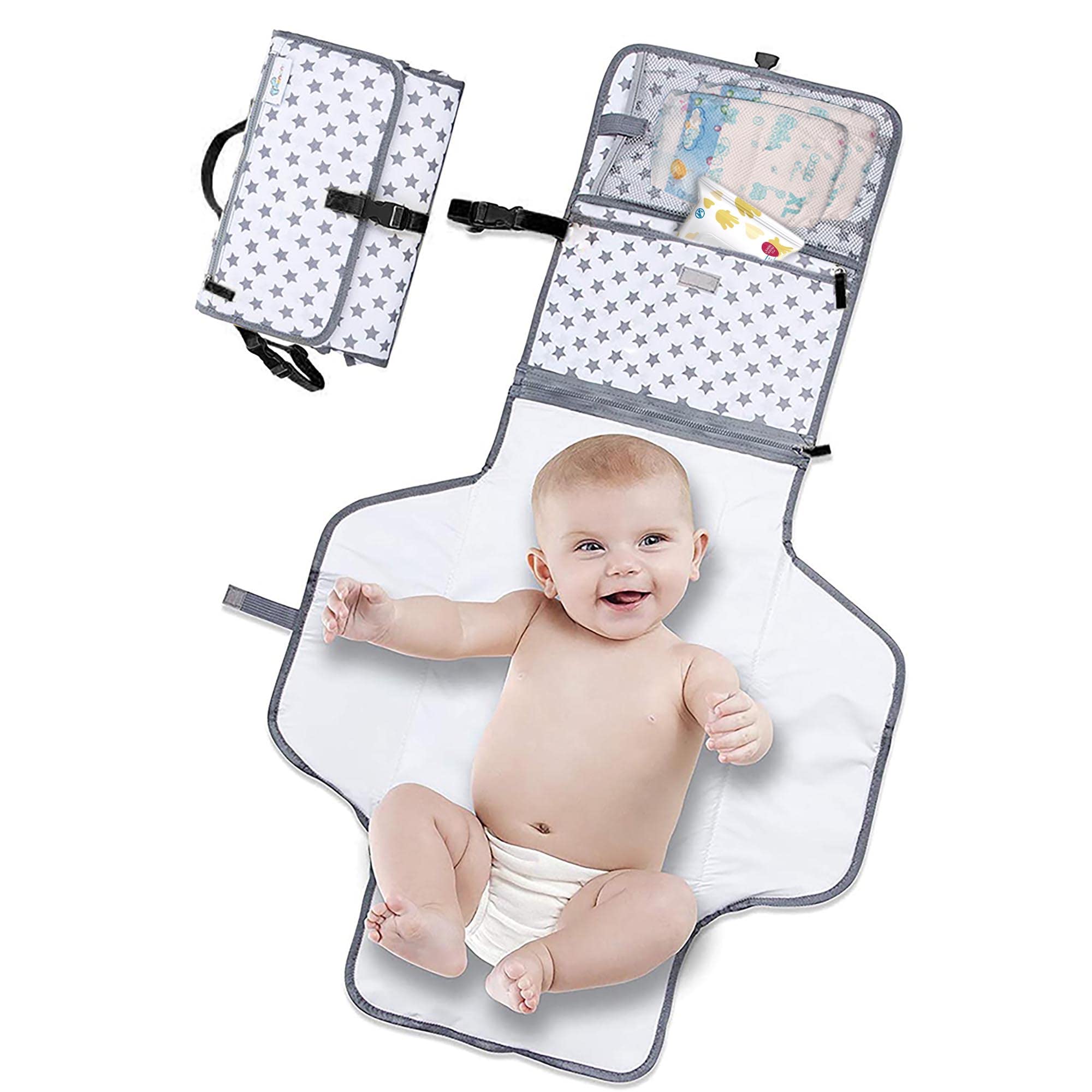 MenionsPortable Nappy Changing Mat Travel Baby Change Mat with Wipe-Pocket and Head Cushion, Waterproof Nappy Change Pad, Travel Change Bag, Nappy Bag star Print, 0 Months Plus - Grey/Star