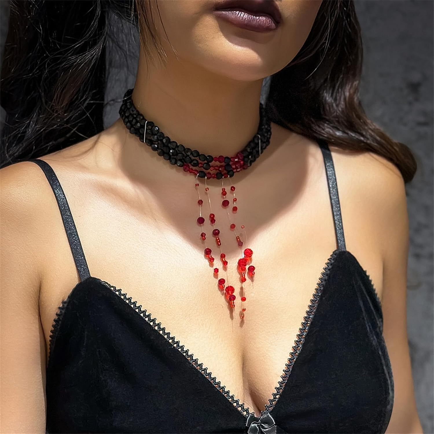 Gothic Blood Pearl Choker Necklace for Women,Punk Adjustable Dripping Blood Imitation Pearl Tassel Necklace Halloween Vampire Party Costume Jewelry - Image 2