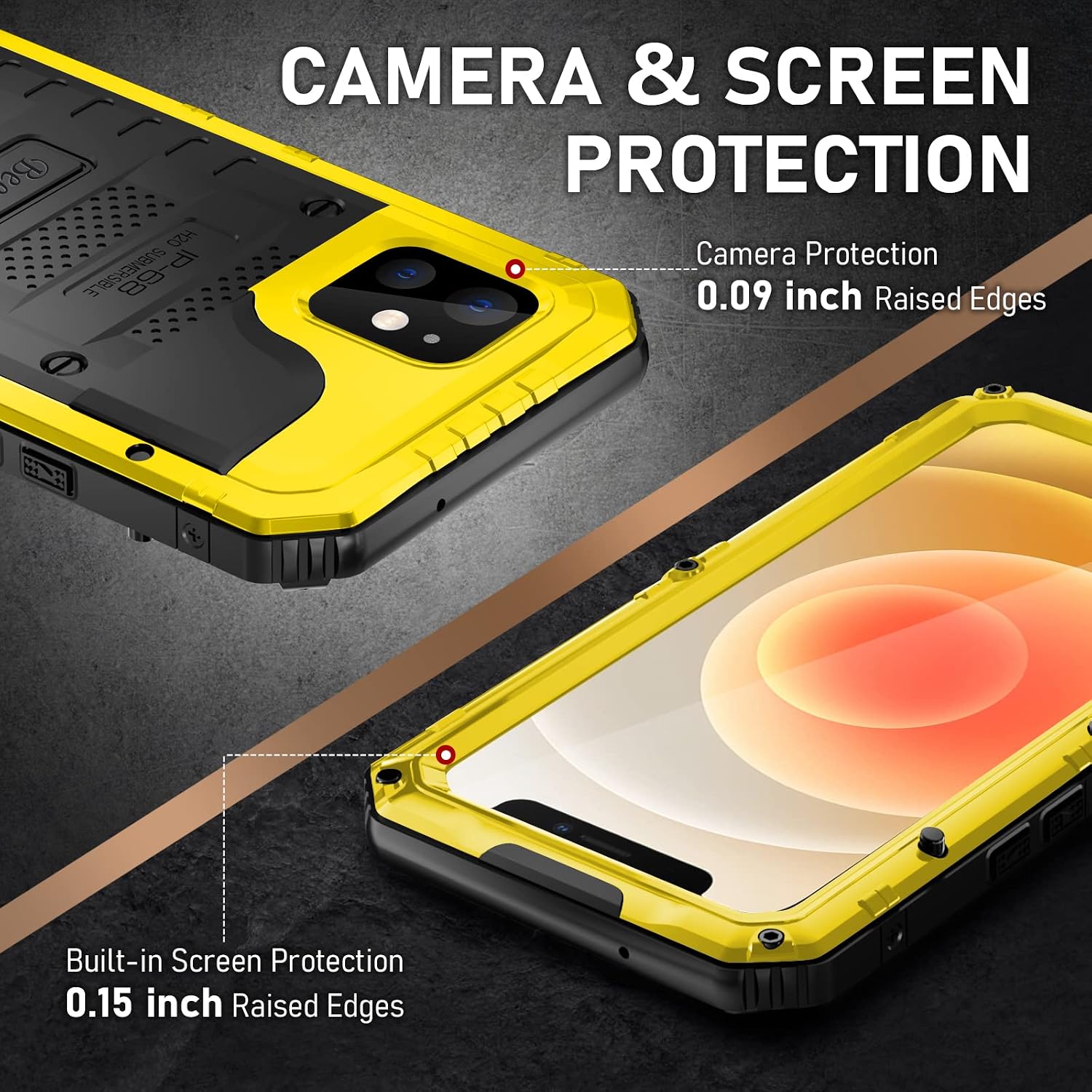 Beasyjoy Designed for iPhone 12 Mini Case, Waterproof Case with Built-in Screen Protector Full Body Protective Heavy Duty Rugged Cover, Military Grade Shockproof Dustproof Metal Case 5.4 inch,Yellow