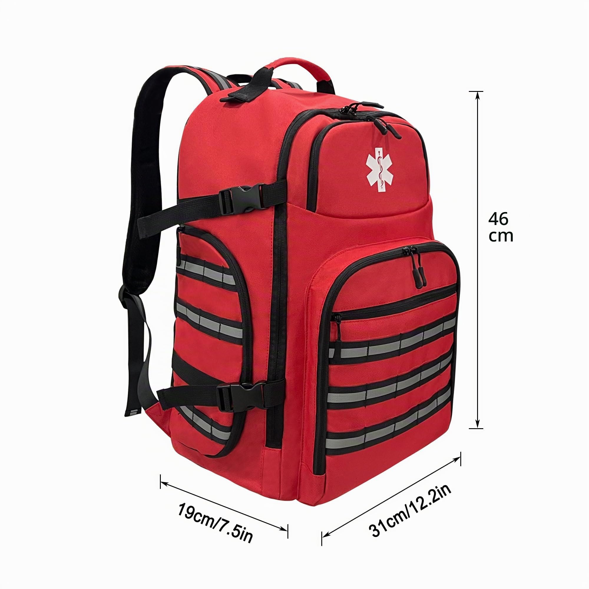 Zaino medico professionale, zaino di primo soccorso vuoto, con striscia riflettente e fondo antiscivolo, per campeggio, escursionismo e viaggi (rosso, grande)