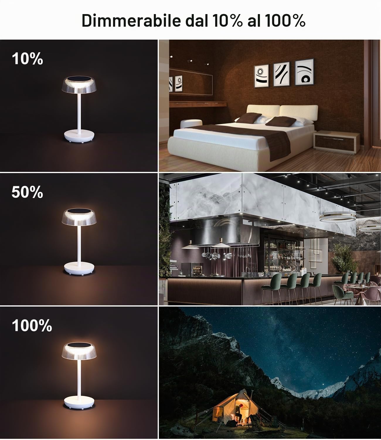 DAWALIGHT Lampade da Tavolo per Esterno a Batteria, IP54 Impermeabile Lampada da Tavolo Solare LED 3000K Luce Bianca Calda, Lampada da Comodino Dimmerabile Senza Cavo per Giardino, Campeggio, Camera