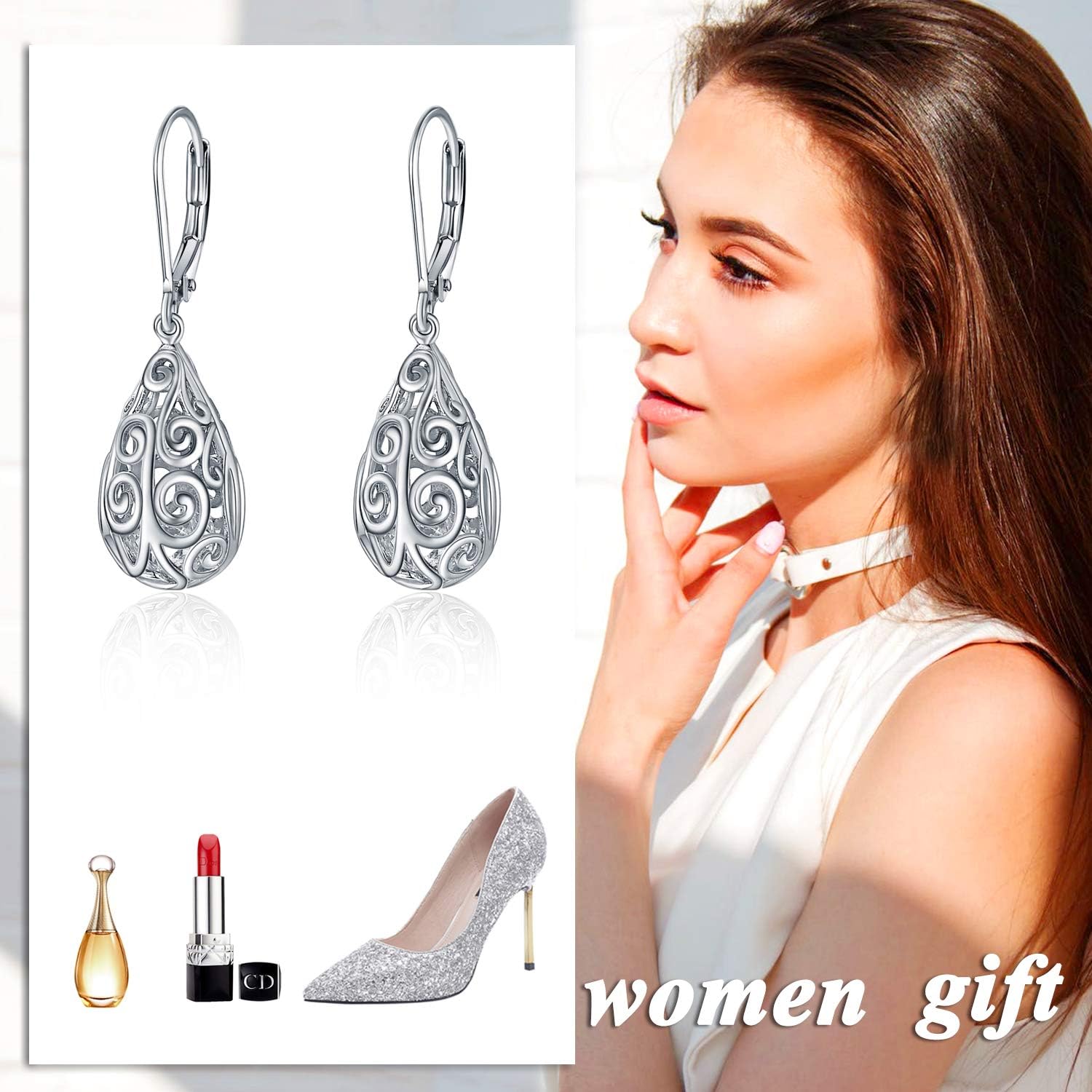 POPLYKE Teardrop/Hummingbird/Cat/Lotus/Bee/Moon/Cross Earrings for Women Sterling Silver Cage Filigree Dangle Drop Earrings