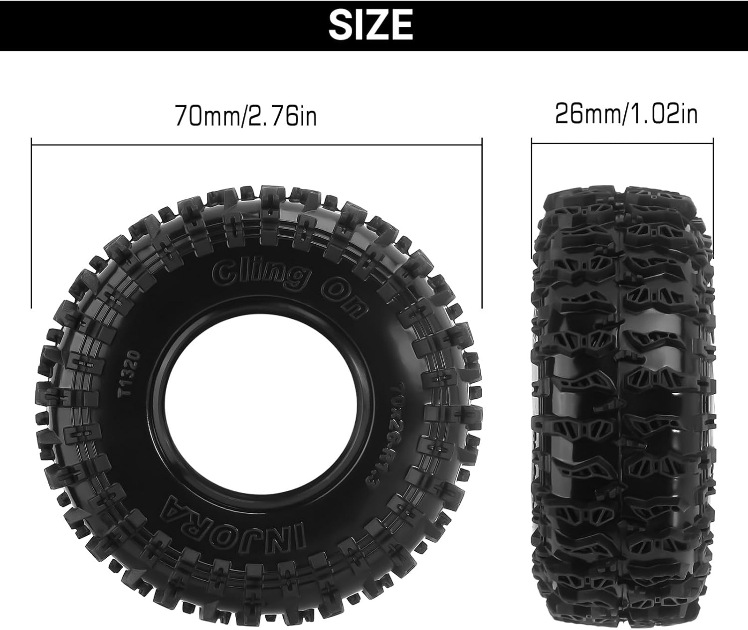 INJORA 1.3"Tires -S5 Cling On Tires 70 * 26mm for SCX24 TRX4M AX24 1/18 1/24 Micro Crawler,T1320