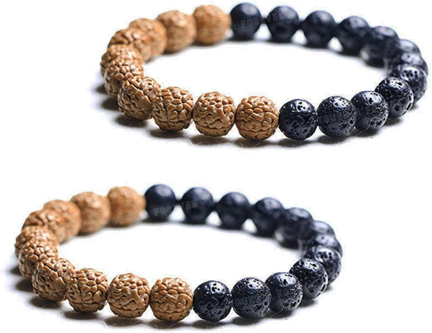 Young & Forever Reiki Infused Handmade Chakra Bracelets Semi Precious Gemstone Lava Beads Bracelet Rudraksha Bracelet for Men 8mm Round Beads Stretch Bracelet 7" Unisex