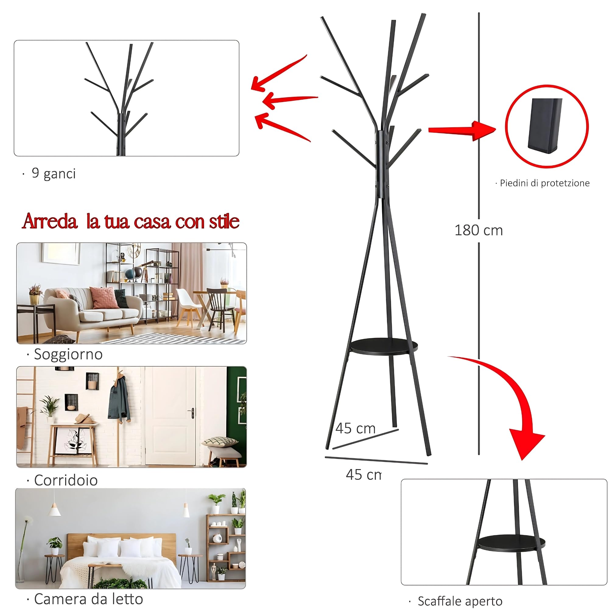 Appendiabiti da Terra Design Moderno, 180 cm, 9 Ganci, con Ripiano, Struttura in Metallo (Bianco)