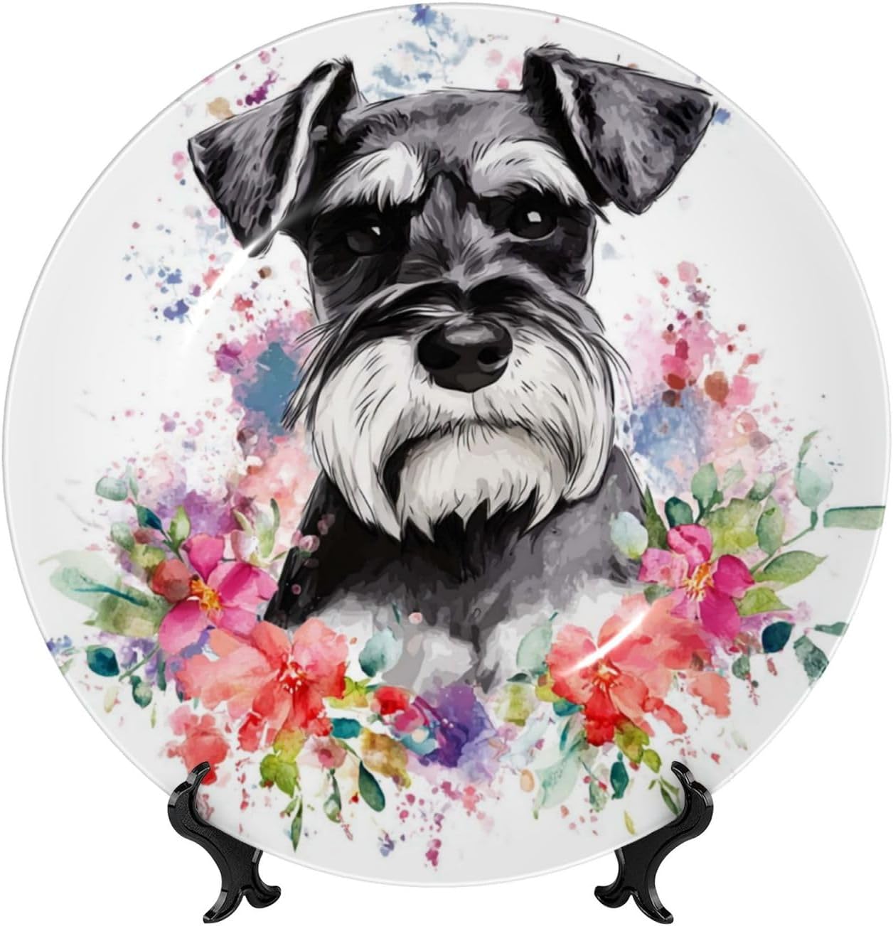 Bone China Decorative Plate with Display Schnauzer Ceramic Plates Crafts Art Decor Dessert Plate Ceramic Ornament Porcelain Plates for Living Room Kitchen Table Home Decor