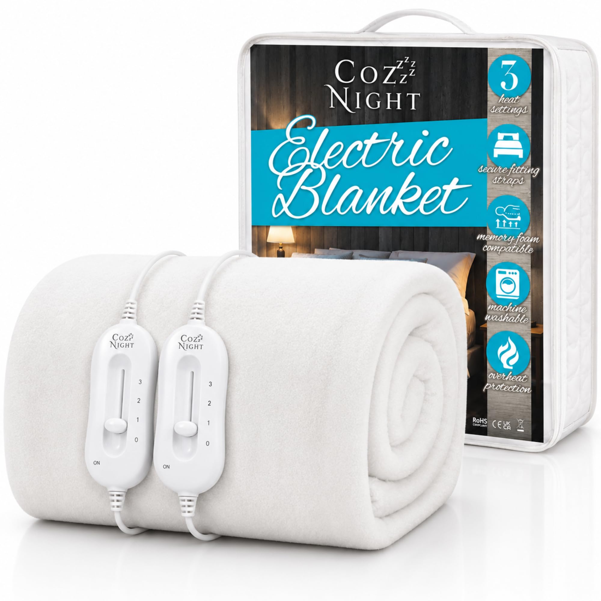 Cozy Night Coperta elettrica doppia, dimensioni 140 x 192 cm, morbido coprimaterasso con angoli, cinghie angolari a montaggio rapido, 3 impostazioni di calore, doppio controllo 70 W e lavabile in