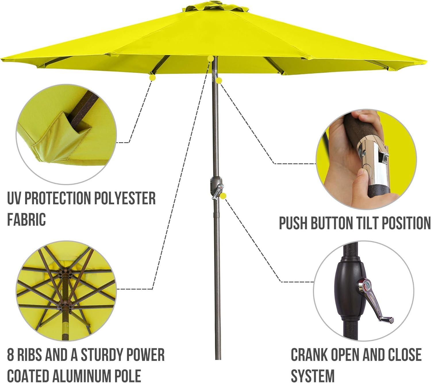9' Patio Umbrella Outdoor Table Umbrella with 8 Sturdy Ribs Push Button, Tilt and Crank (Green)