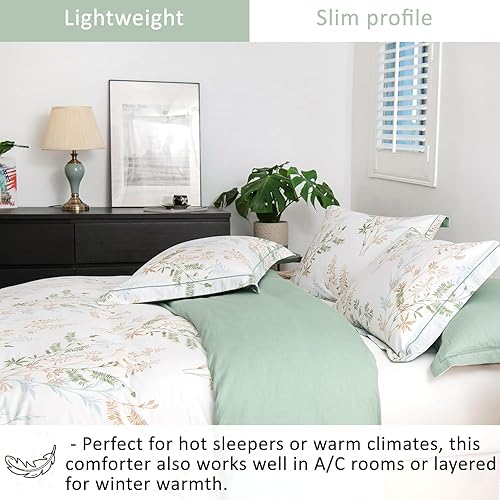 Miniatura 3 de Juego de edredón botánico de 3 piezas de 100% algodón natural, tamaño King, edredón verde con lujosas hojas tostadas y grises sobre blanco,
