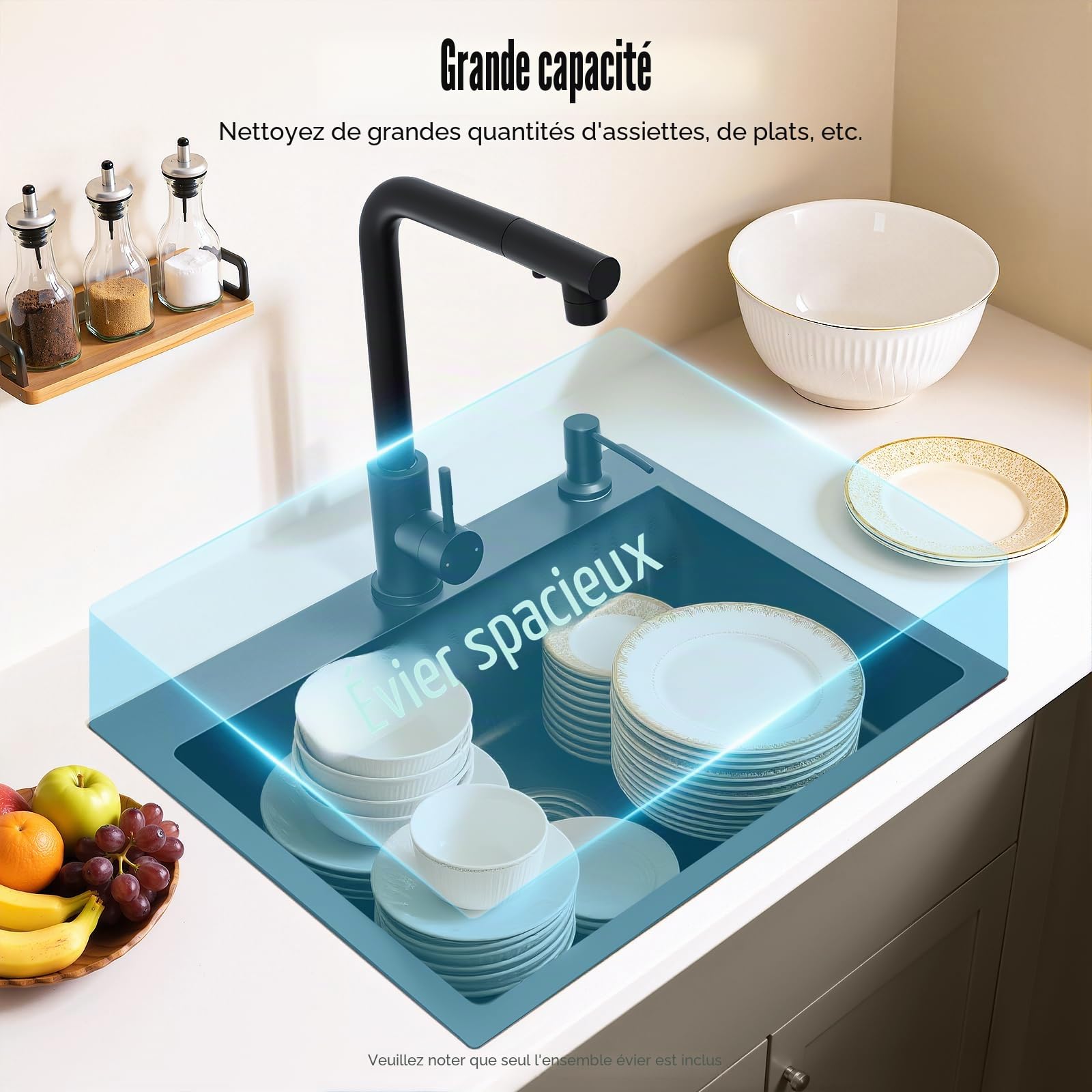 Évier Noir 50x45cm, Évier de Cuisine avec Robinet Extractible, 1 Cuvette Évier en Acier Inoxydable à Encastrer avec Égouttoir, Distributeur de Savon, Robinet Eau Chaude/Froide