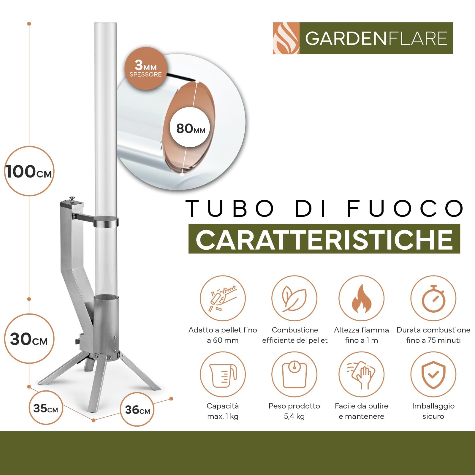 GARDENFLARE Colonna di Fuoco in Acciaio Inox e Torcia a Pellet per un'Atmosfera Incantevole – Elegante Alternativa ai Riscaldatori da Terrazza e ai Camini da Giardino per la Tua Terrazza (Argento)