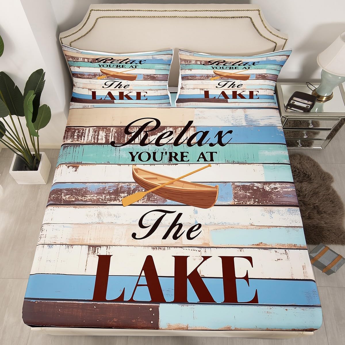 Lake Life Fitted Sheet Queen Size Kids Camping Bedding Set for Boys Teens Rustic Wooden Bed Sheet Set Breathable Paddle Bed Cover Room Decor Farmhouse Decor