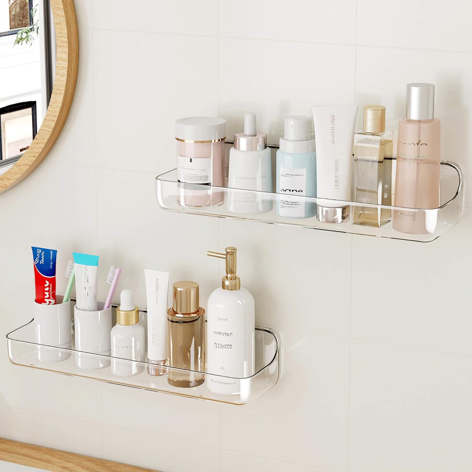UDD Acrylic Clear Shower Caddy Adhesive Shelf 2pc Plastic Shower Organizer with Self Adhesive Tape No Drilling Wall