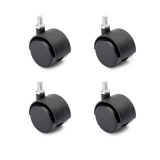 EMUCA 2037817 Swivel Castors with Double Wheel, Without Brake, for Furniture, Diameter 40 mm, Bolts, M8 x 12 mm, Ball Bearings, Black, Pack of 4