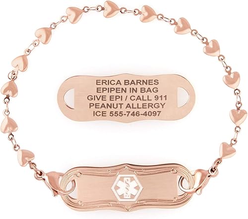 Lauren's Hope - Pulsera de identificación médica con grabado personalizado en tono oro rosa para mujer, grabado gratuito, diabetes, warfarina,