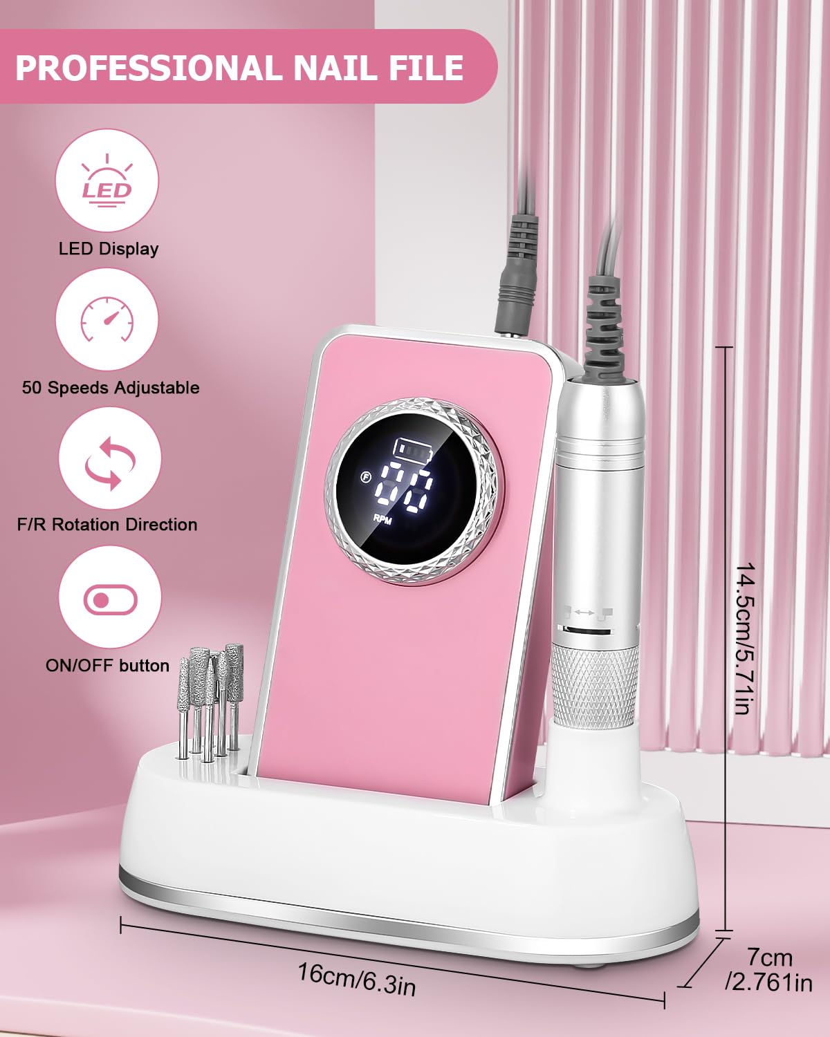 Torno para Uñas Profesional 50000RPM,Taladro Eléctrico para Uñas Profesional,Lima Electrica Uñas,Kit de Lima Portátil para Uñas de Gel con Pantalla LED para Hogar y Salón
