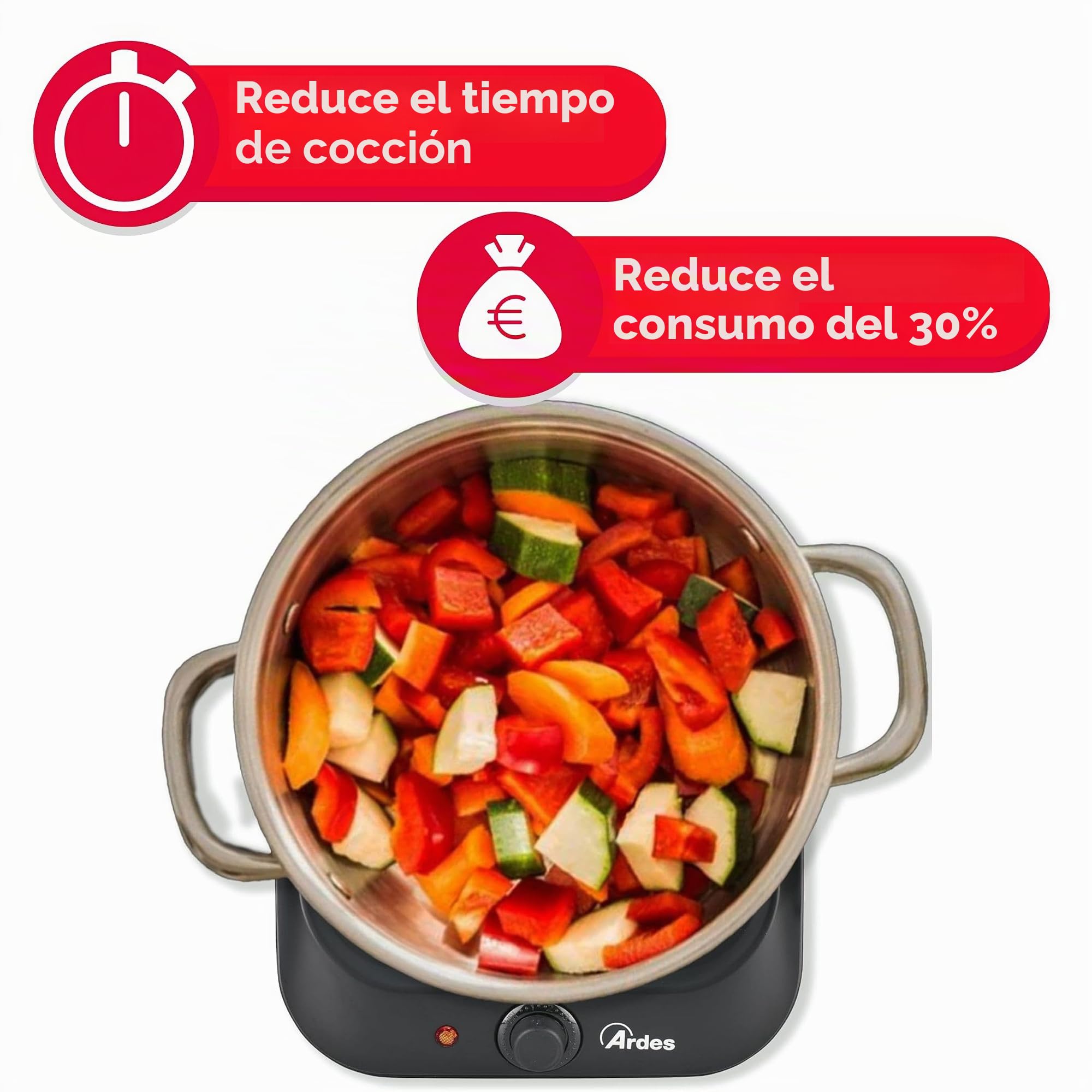 ARDES Placa Eléctrica para Cocinar en Vitrocerámica 5 Niveles de Potencia Compatible con Todas las Ollas Hornillo de Camping Eléctrico Portátil ‎AR1F401