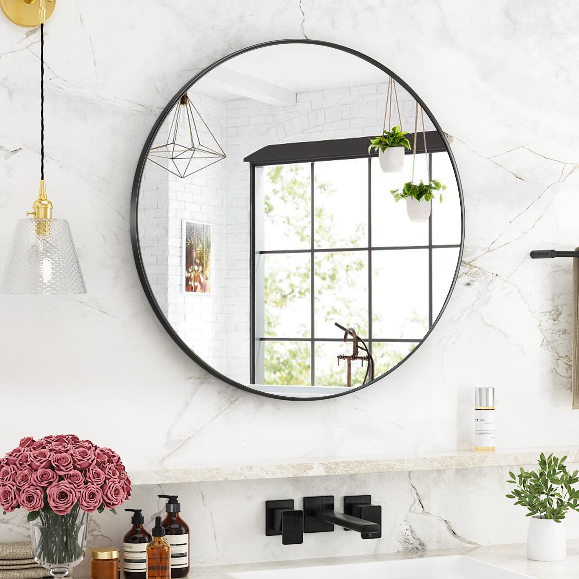Zenmag Round Wall Mirror, 30" Metal Framed Round Mirror, Large Bathroom Circle Mirror Decorative Large Black Round Wall Mirror For Living Room Bedroom And Foyer