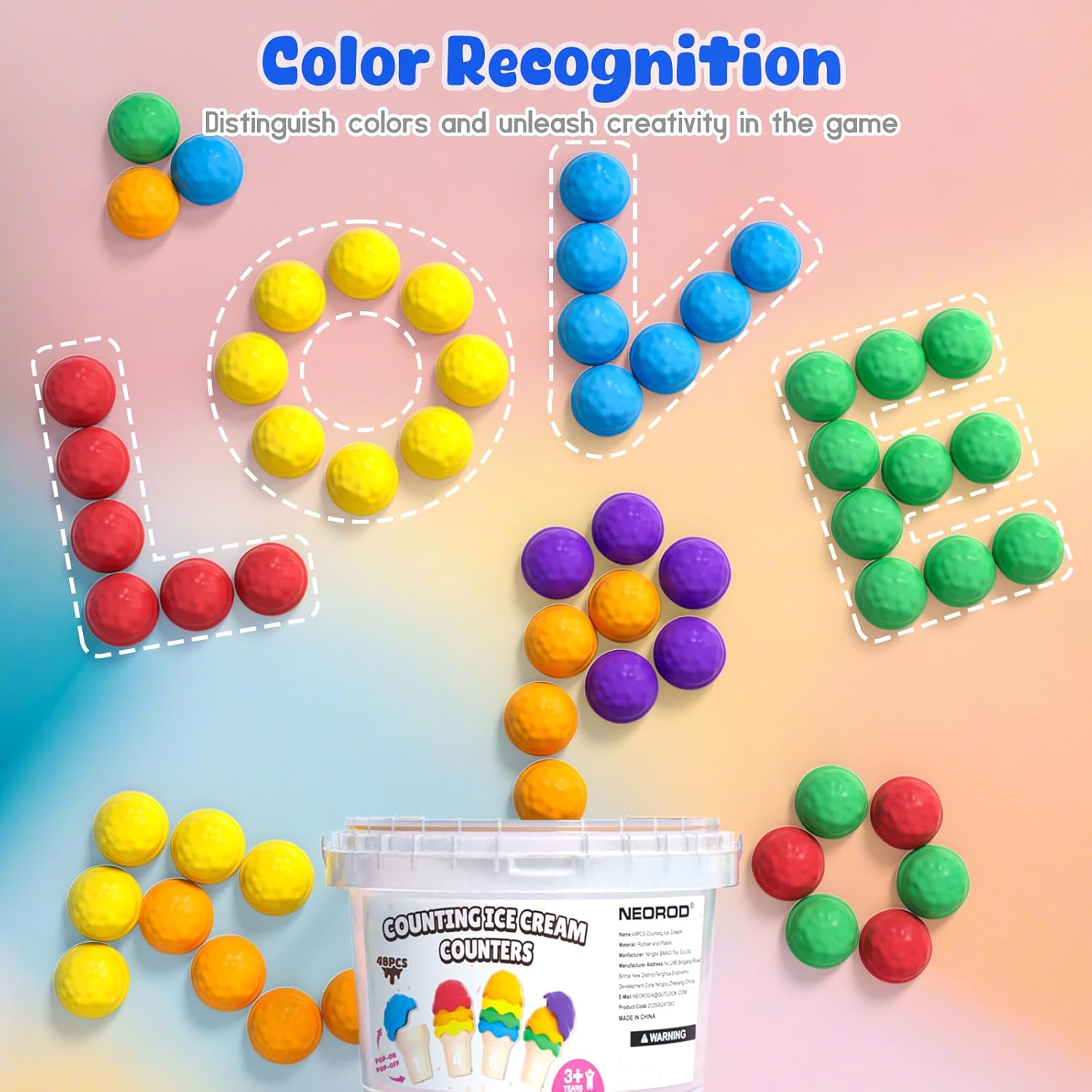 NEOROD Ice Cream Counting Toys for Toddlers 3-5 – Montessori Preschool Learning Set with 42 Scoops & 6 Cones | Color Sorting & Fine Motor Skills Stacker | Educational Math Game & Sensory Toys for Kids