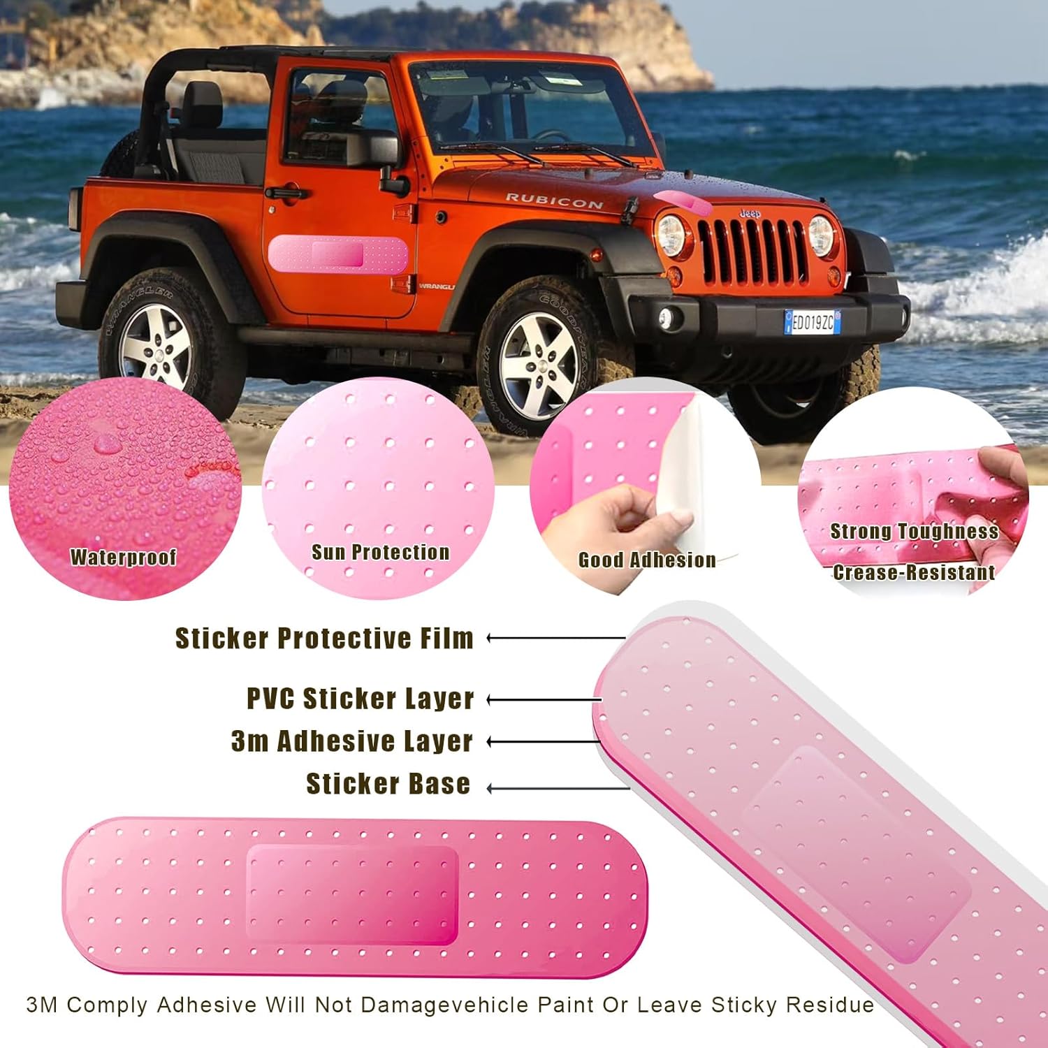4pcs Funny Car Bandage Aid Sticker for Cars Damage, 10/24in Giant Car Decals for Cover Dent Crack and Scratch, Cars Bumper Sticker, Large Vehicle Body Bandage (Pink 2pcs Large and 2pcs Small Size)