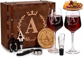 Personalized Initial A Wine Glass Gift Set with Wooden Gift Box image