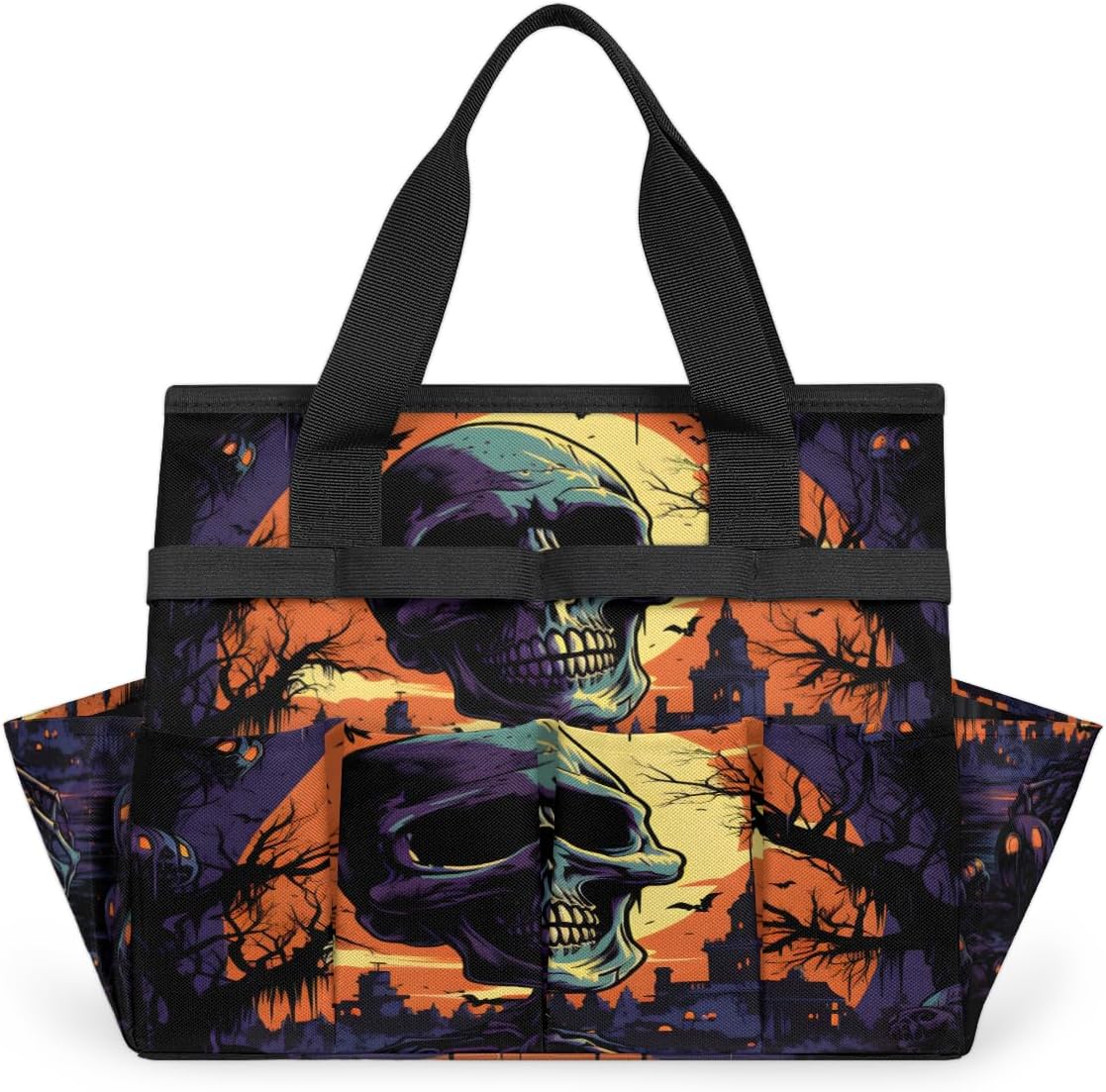 Halloween Skull Garden Tool Bag Organizer Heavy Duty Skull Pattern Gardening Tote Bag with 10 Pockets for Women Men Gardening Gifts