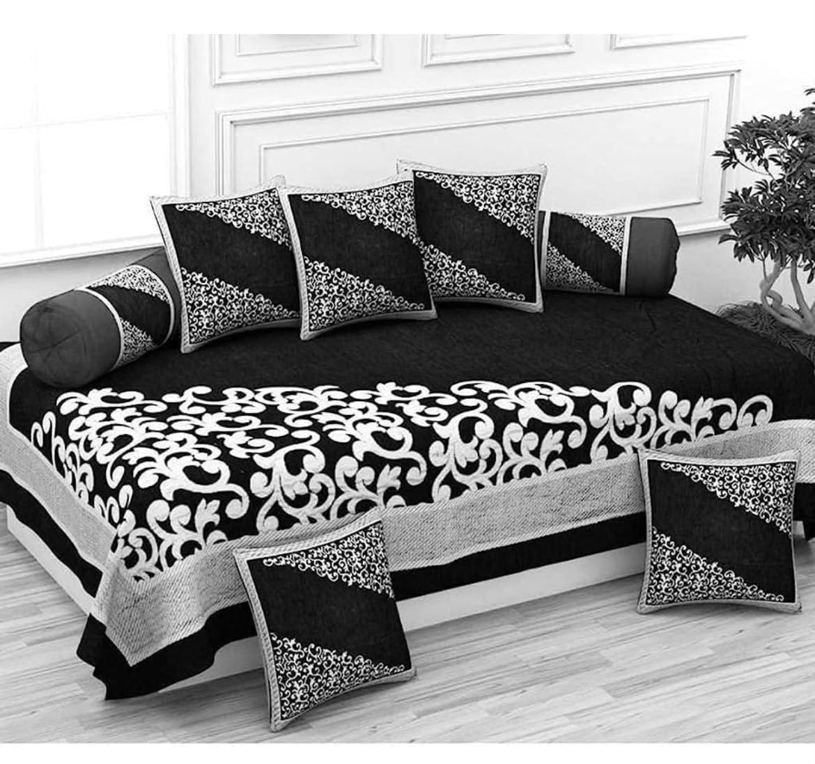 Premium Chenille Printed Diwan Set, 8-Piece Combo Pack (1 Single Diwan Bedsheet, 5 Cushion Covers & 2 Bolster Covers) for Living Room, 54 x 90 Inches, Black-picture-36