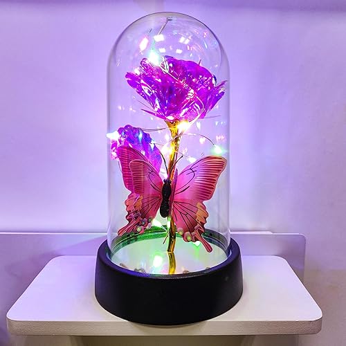 Miniatura 13 de Rosa de cristal en cúpula de cristal, flor iluminada, rosas eternas, regalos del día de San Valentín para ella, regalo de rosas del día de la madre