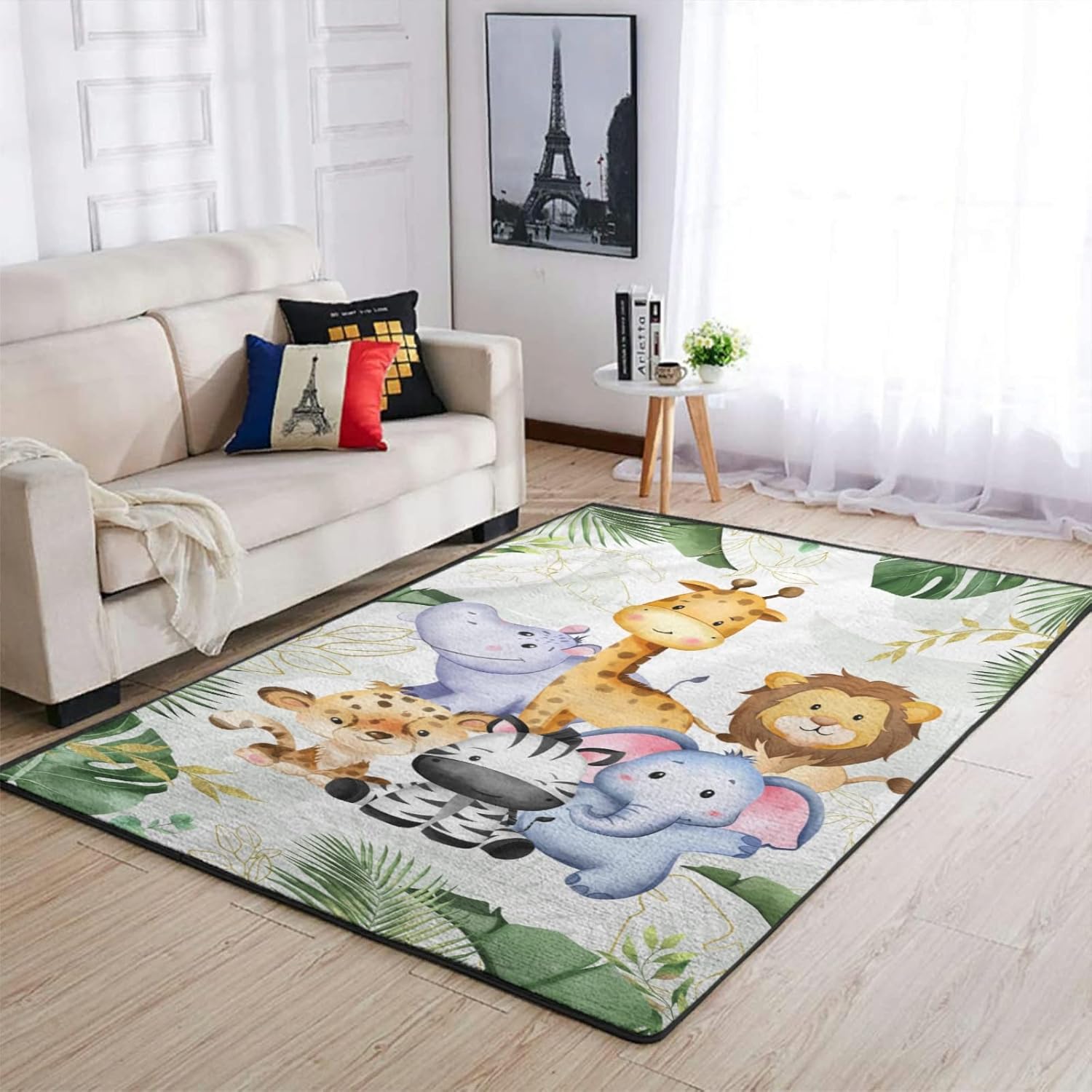 Jungle Safari Animals Tropical Leaves Area Rugs Cute Lion Elephant Zebra Giraffe Hippo Throw Carpets Baby Animals Floor Mats for Kids Nursery Bedroom Living Room Bathroom Kitchen Playmat 20x32inch